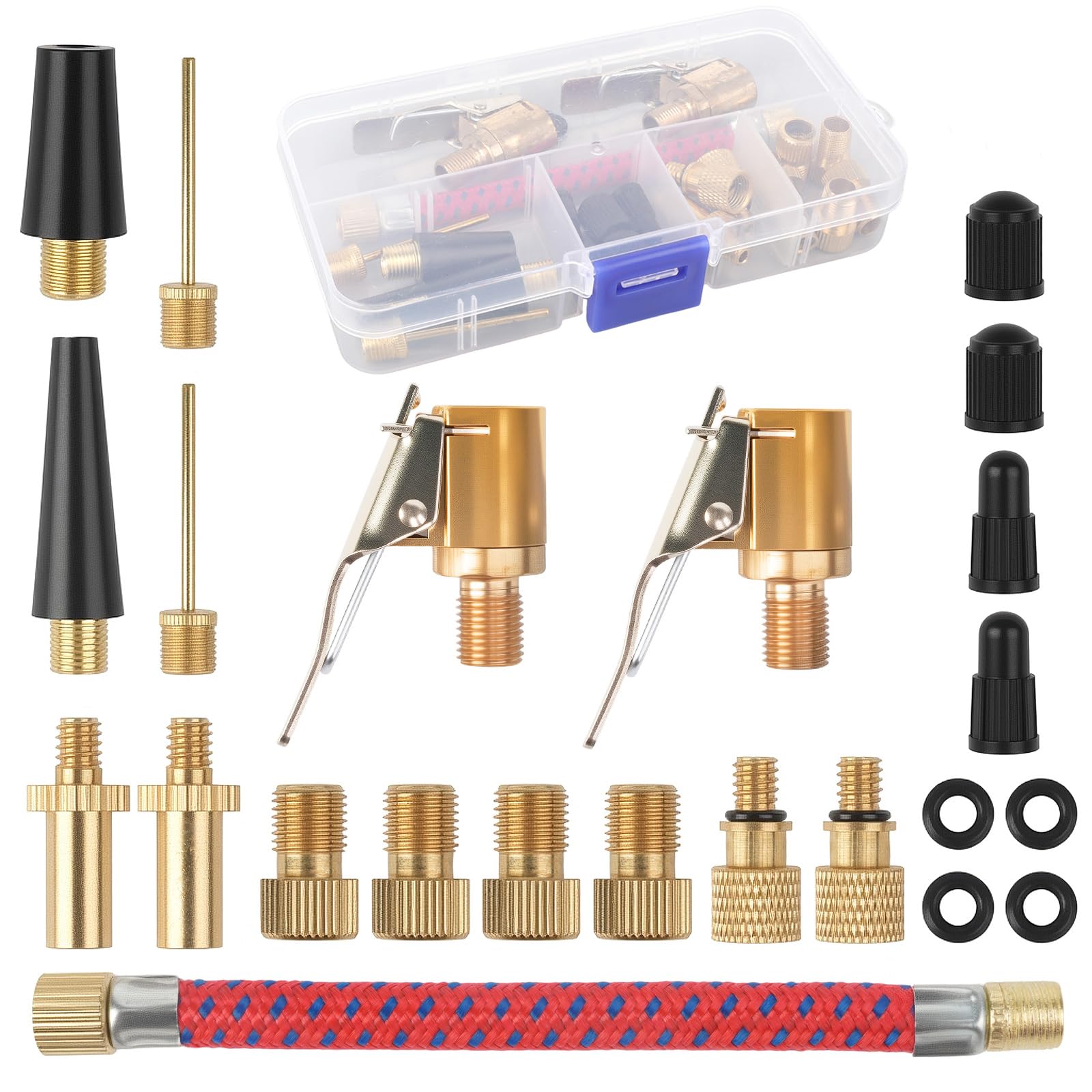 Zestaw adapterów do wentylu rowerowego, 23 sztuki, adapter do wentylu samochodowego, zawór francuski, igła do piłki, zawór stożkowy i adapter do pompy powietrza z pudełkiem do sortowania