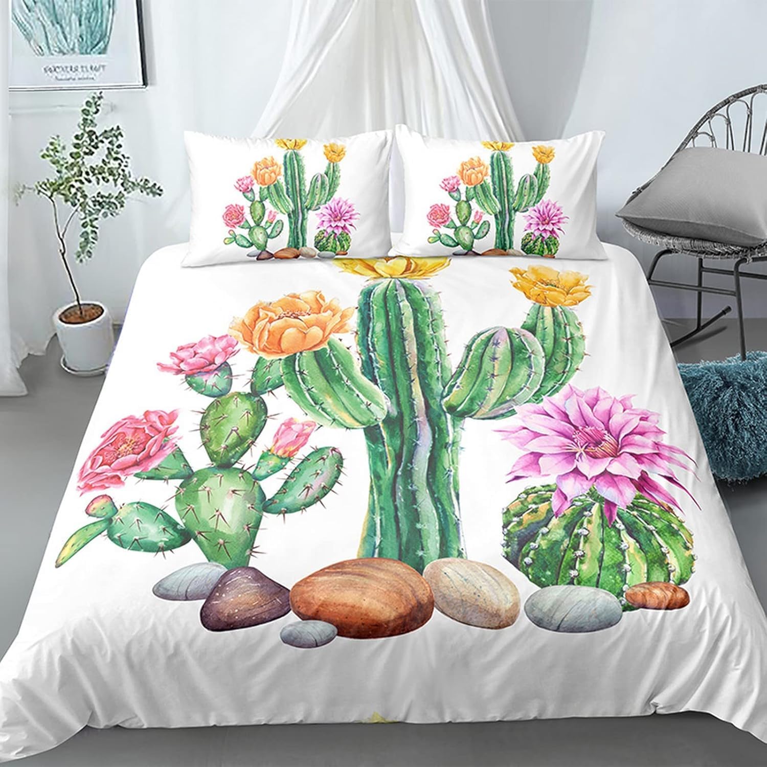 Housse de couette 200x200 cm parure de lit adulte imprimé cactus avec fermeture éclair