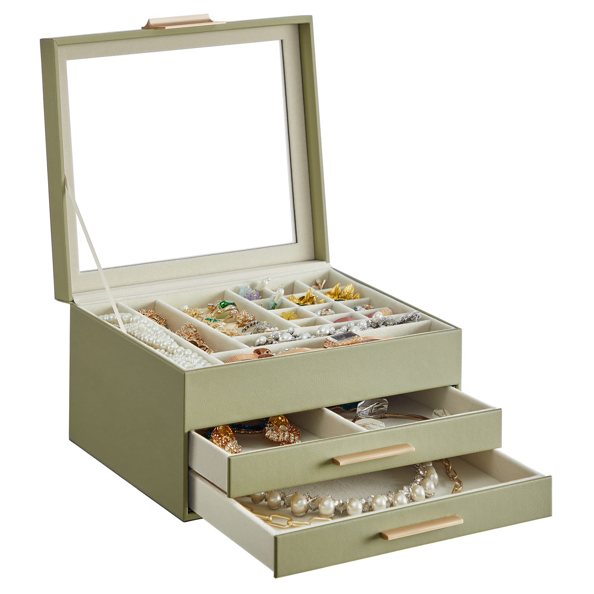 SONGMICS GISELLA Collection - Jewellery Box with Glass Lid, 3-Layer Jewellery Storage Organiser with 2 Drawers, Modern, Gift Idea, Sage Green and Gold, 20.3 x 23.1 x 13.5 cm JBC239C02V1