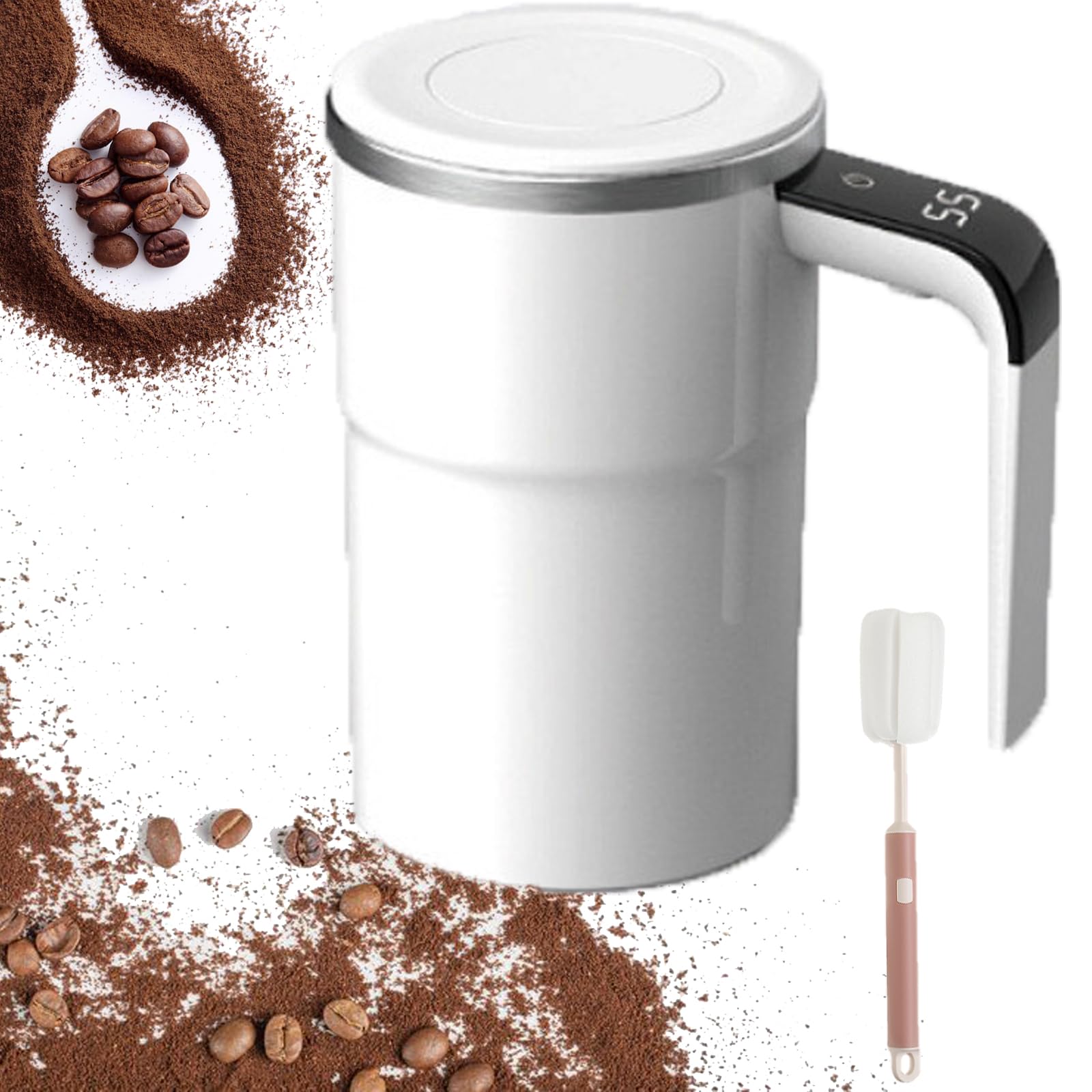 Electric Coffee Mug with A Built-in LCD, Self Stirring Mug Rechargeable, 380ml Leak-Proof Stainless Steel Travel Mug for Coffee Tea Milk and More (White)