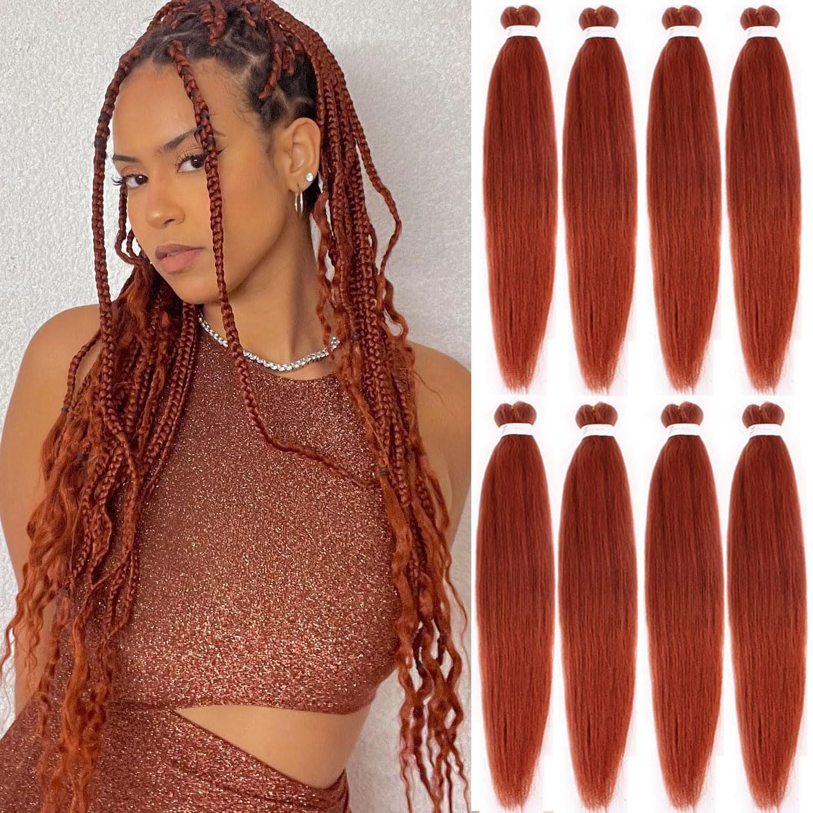 Kachanaa 16 Inch Pre Stretched Braiding Hair 8 Packs EZ Braids Yaki Hot Water Setting Kanekalon Hair for Braiding Yaki Texture Copper Red Pre Stretched Braiding Hair Extensions 350#