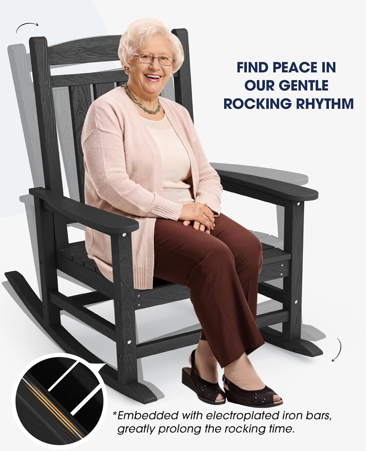 KINGYES Oversized Outdoor Rocking Chair with Cushion, All-Weather Patio Rocking Chairs, HDPE Porch Rocker for Adults, 350 lbs Capacity, Black Chair with Beige Cushion