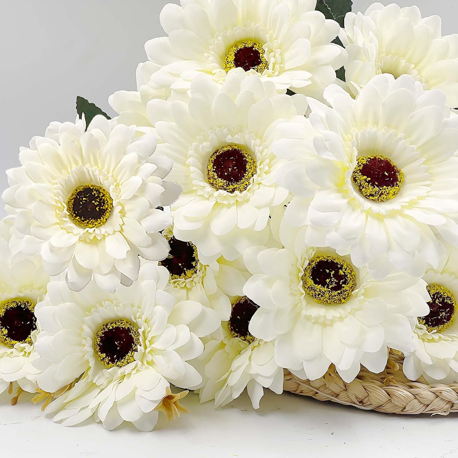 SNAIL GARDEN Artificial Gerbera Daisies Silk Flowers, 14 Heads White Daisy Artificial Flowers with Leaves, Fake Wild Flowers for Wedding, Party, Home Indoor Outdoor Decor