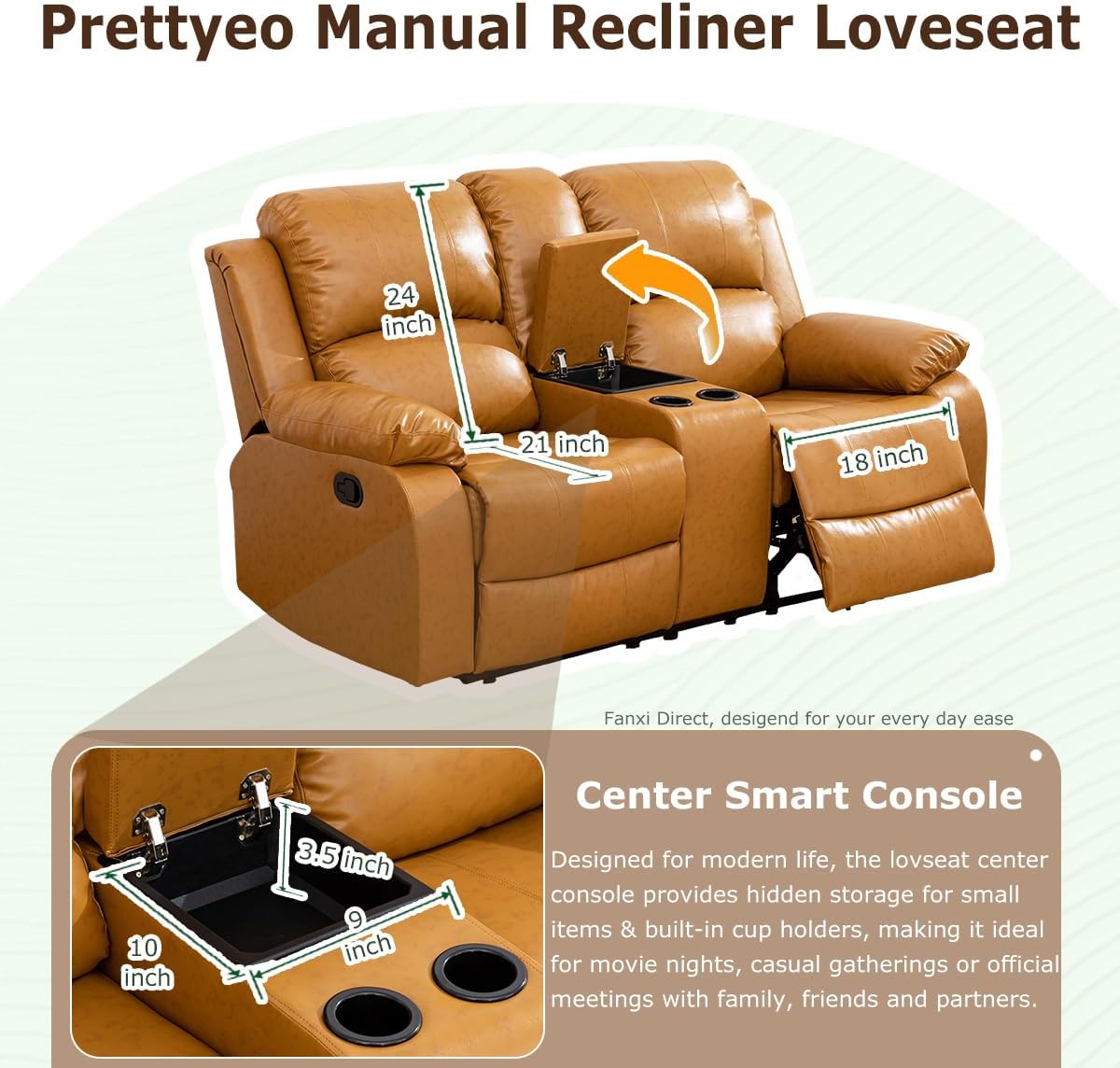 Faux Leather Recliner Sofa Set, Living Room Furniture Sets, Manual Reclining Couch Set, Classic Reclining Loveseat and 2 Recliner Chairs with Cup Holders/Storage for Home/Office/RV, Ginger