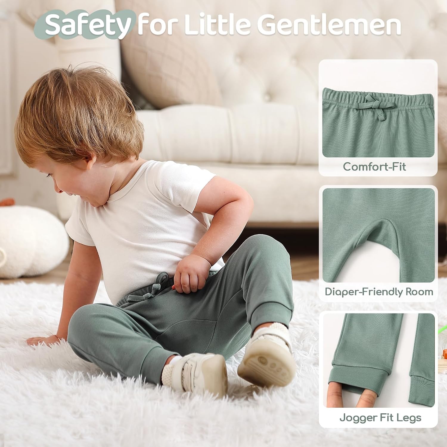GFQLONG Baby Boy Jogger Pants Organic Cotton Infant Bottom for 0-24 Months | 100% organic cotton baby clothes,soft,breathable,stretchy baby boy pants,3-pack set with spacious diaper crotch