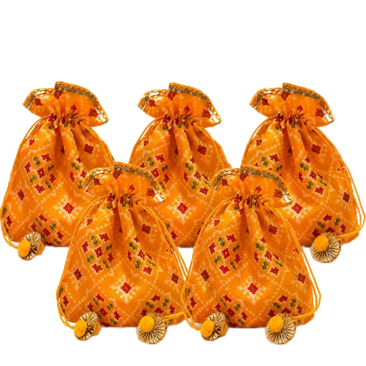 Veneva Traditional Ethnic Potli Bag, Bright Yellow with Multicolor Print, Drawstring Closure, Decorative Tassels, 19 x 22 cm, Set of 5-image-46