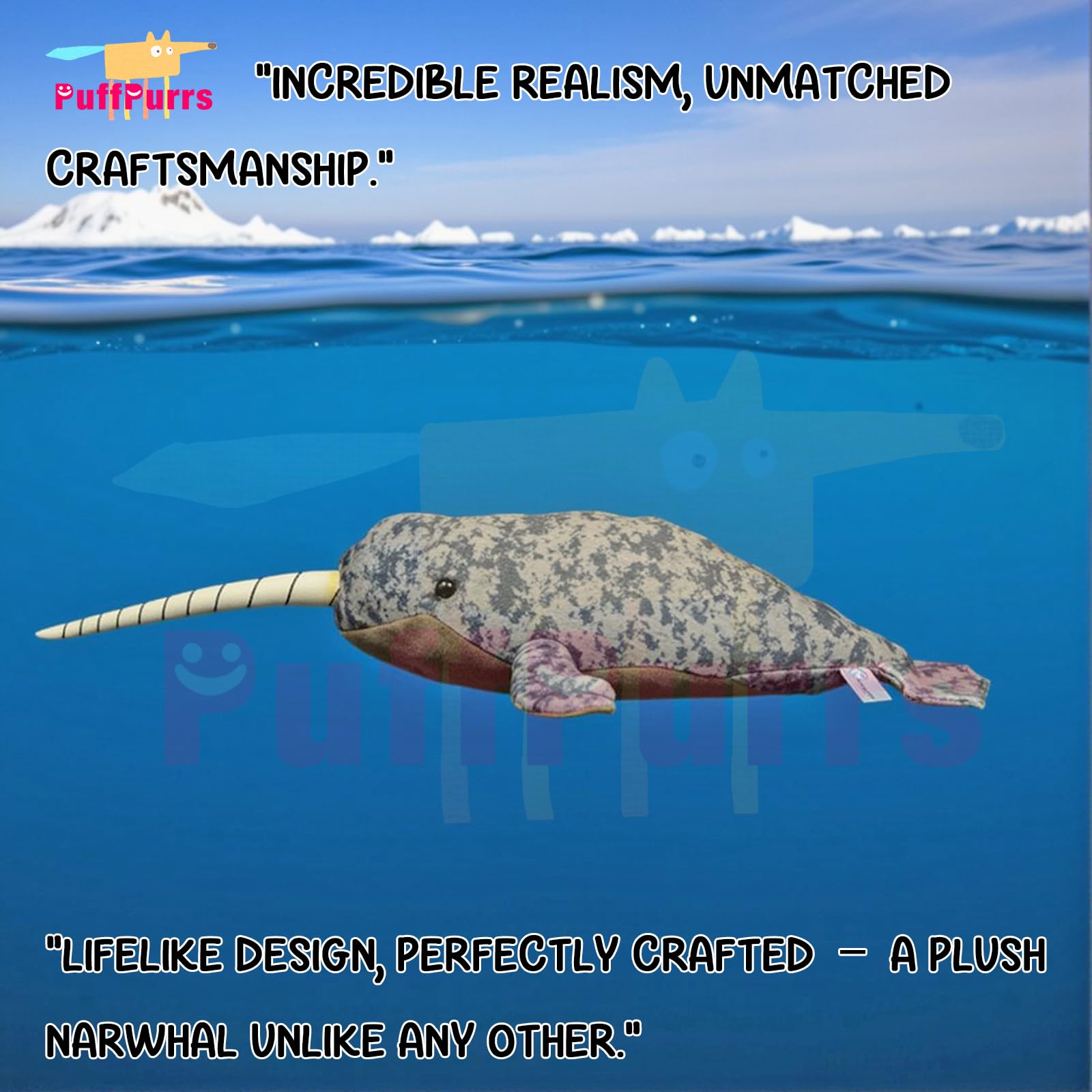 PuffPurrs Lifelike Narwhal Plush Toy, Realistic Monodon monoceros Teddy Stuffed Animal, Arctic Whale Unique Toy Gift, 15 Inch - Image 4