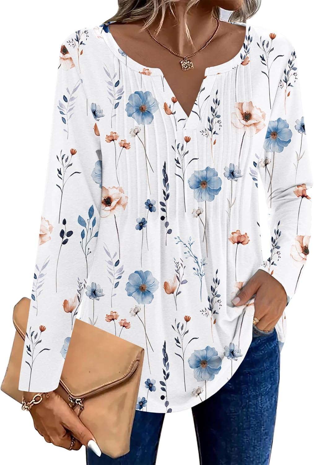 Zeagoo Womens Long Sleeve Tops 2026 V Neck Pleated Shirts Dressy Casual Tunic Blouses Loose Fit Fall Fashion Clothes - Image 2