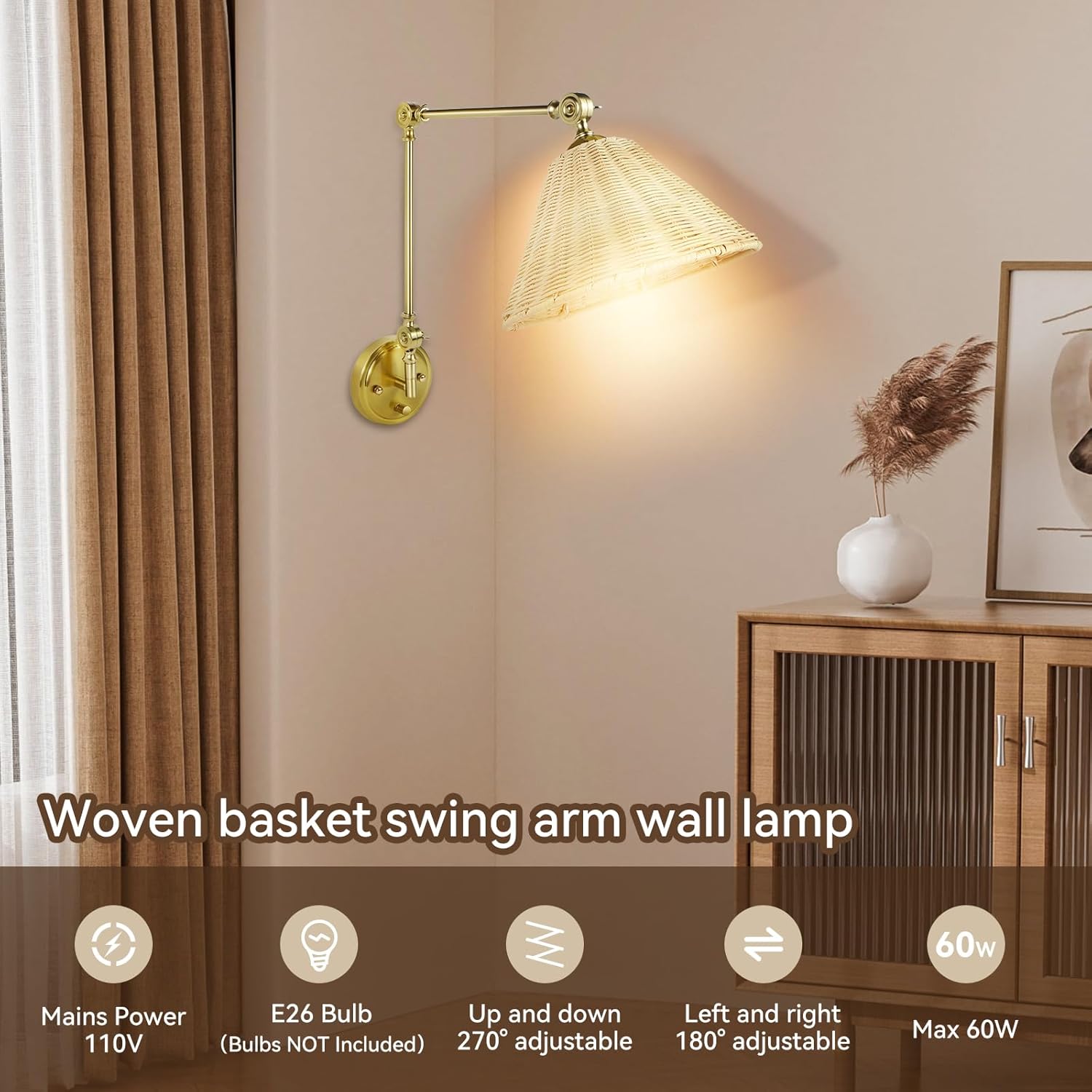 Gold Hand Woven Rattan Wall Sconces Adjustable Swing Arm Wall Light for Bedroom Living Room Bedside (Bulbs NOT Included, 2 Pack)