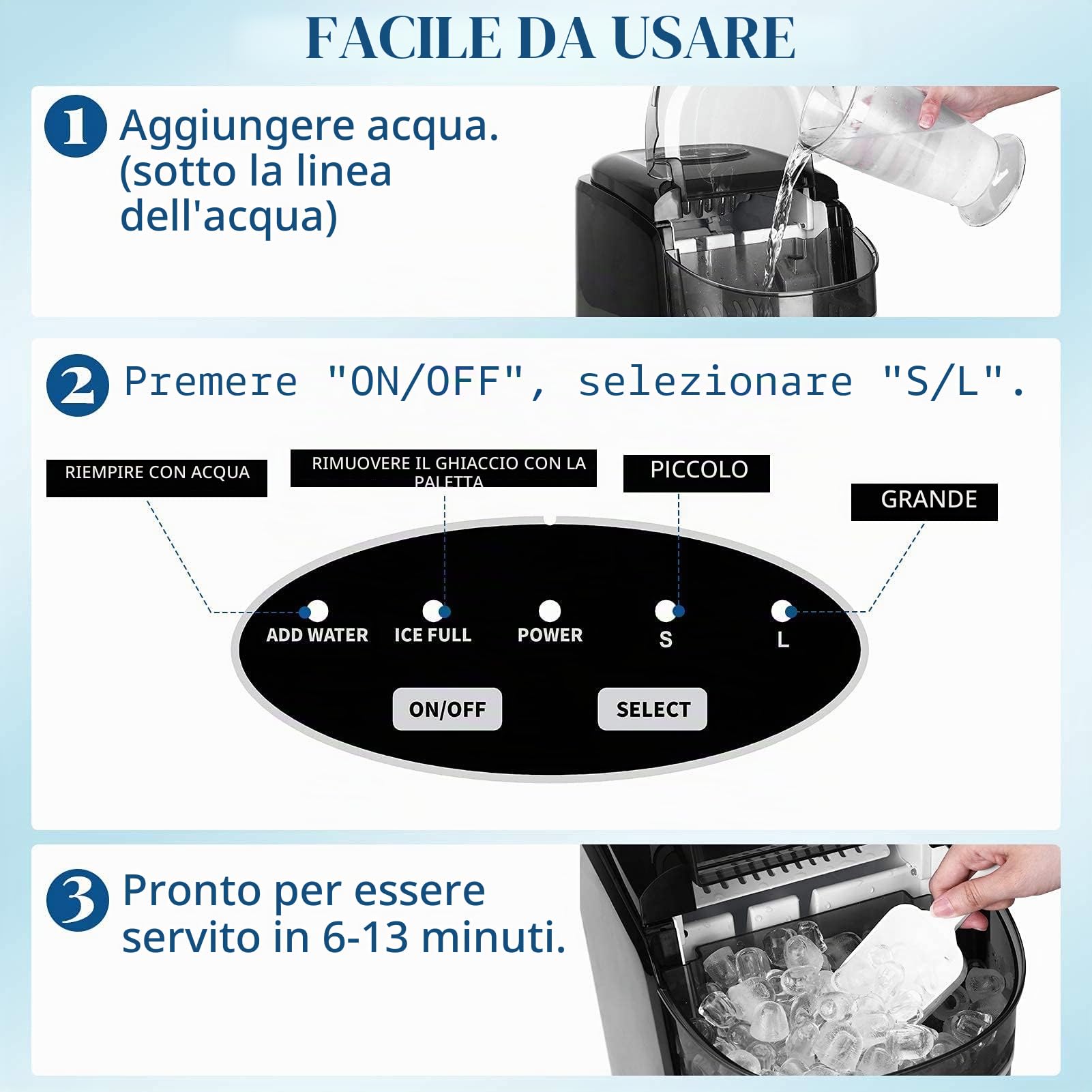 Macchina Ghiaccio 12KG/24h, Macchina del Ghiaccio Casa Professionale, Pulizia Automatica, 9 Cubetti in 6-9 Minuti, S/L Dimensioni Ghiaccio, Acciaio Iinossidabile, Nero