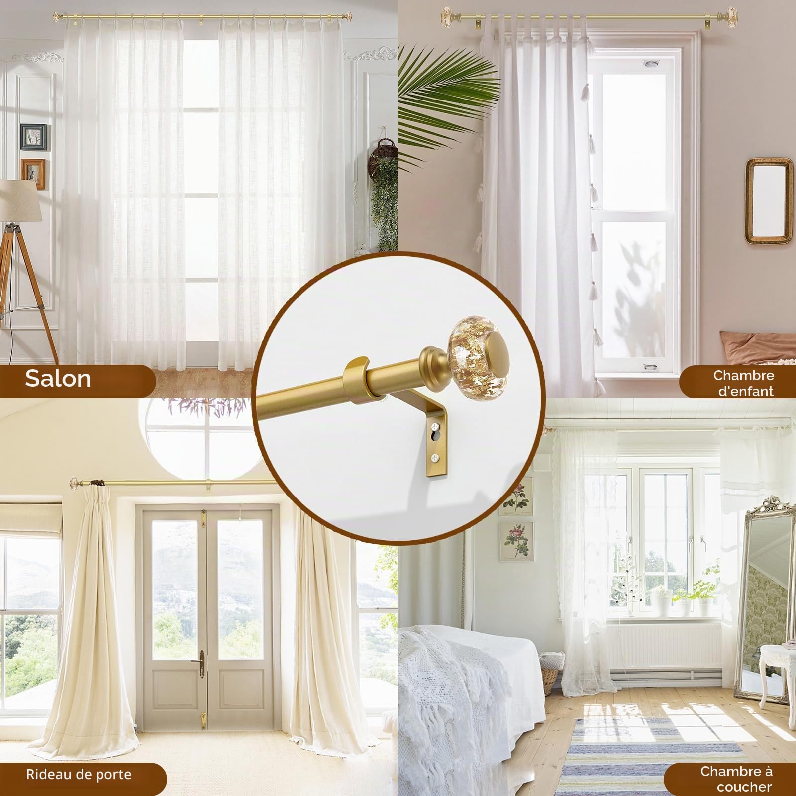 Tringles à rideaux dorées pour fenêtres de 81,3 à 183 cm : tringle à rideaux réglable en acrylique de 2,5 cm avec embouts en feuille d'or translucide - Tringle à rideaux décorative simple pour chambre