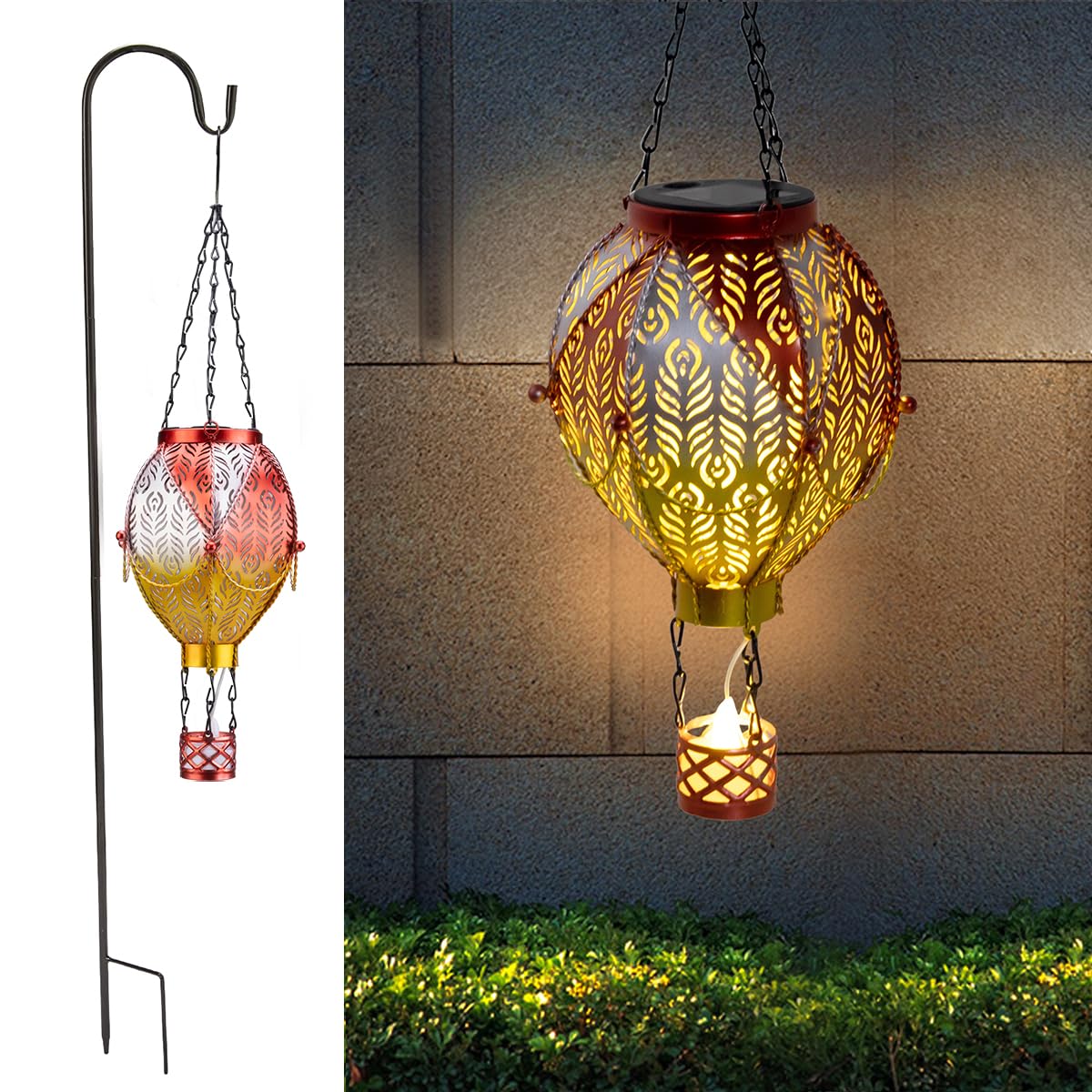 Hot Air Balloon Solar Light - Solar Pathway Lights Outdoor Waterproof Shepherd Hook with Hanging Decorative Metal LED Lantern Solar Lights for Garden Patio Pathway Yard Porch Decor