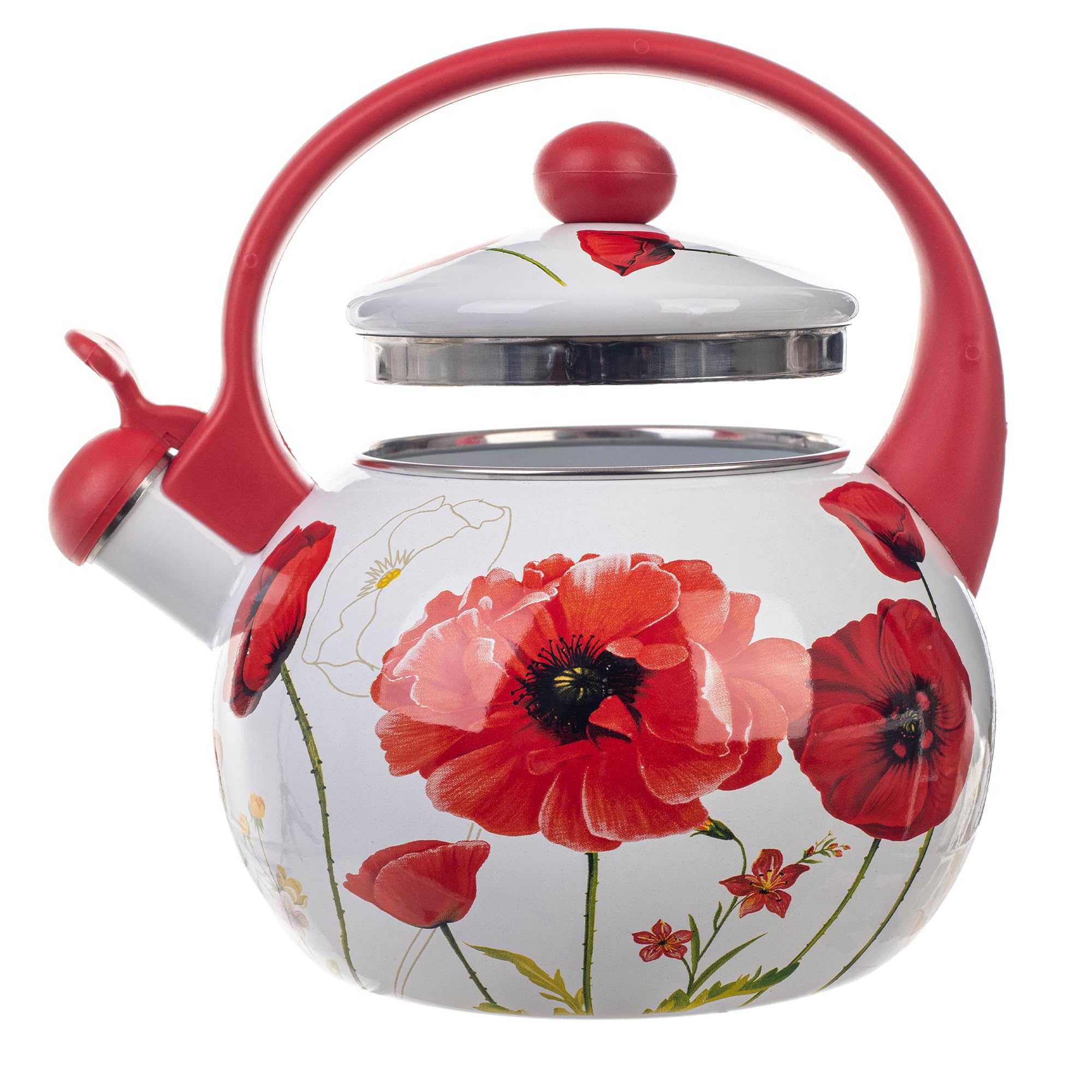 KADAX Bouilloire Sifflante en Acier 2.2L, Théière Émaillée pour Cuisinières à Induction et à Gaz, Dotée d'une Poignée Ergonomique et d'un Sifflet Intégré (Fleurs rouges)