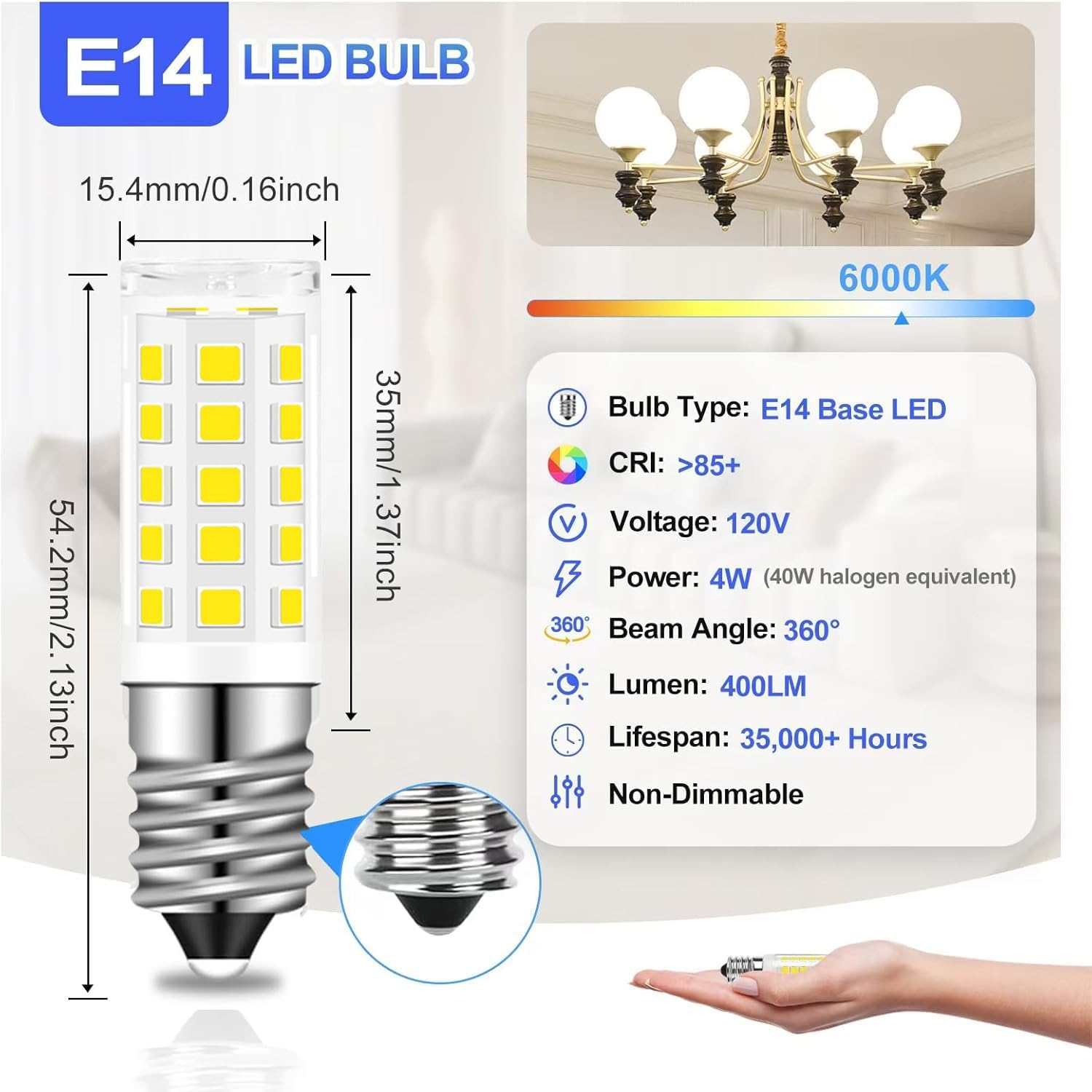 E14 led Bulb E14 European Base Turkish Lamp Replace Dimmable 4W Equivalent 40W Incandescent Bulb, AC 110V-130V (5pack Daylight White)