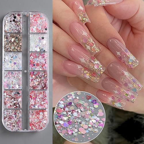 Miniatura 3 de Lentejuelas holográficas para arte de uñas, 12 rejillas, lentejuelas con purpurina láser rosa, estrellas brillantes iridiscentes mixtas con