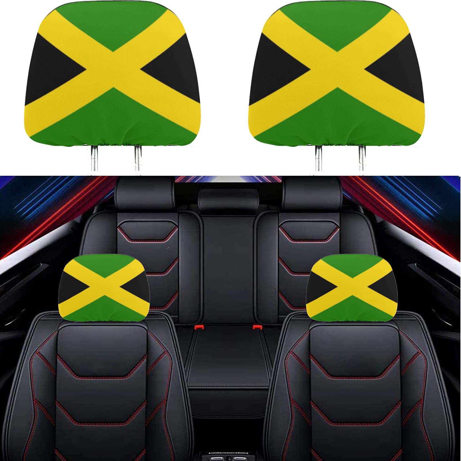 Hangoo 2 Pack Headrest Covers for Jamaica Flag, Seat Cover Accessories Car Headrest Protector Universal Fit to All Car/Truck Models (Jamaica)