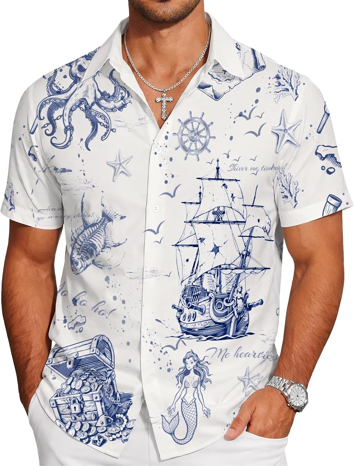 Men's Hawaiian Shirts, Novelty Patterned Button Down Casual Shirts, Summer Beach Theme Party Short Sleeve Shirts