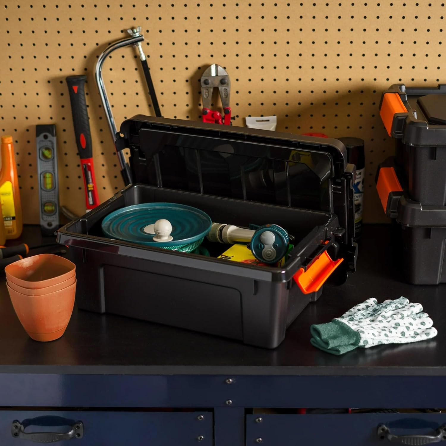 3 Gal. Heavy Duty Plastic Storage Bins with Lockable Lids - Stackable Latching Totes for Tools, Seasonal Items, Sports Equipment, Black