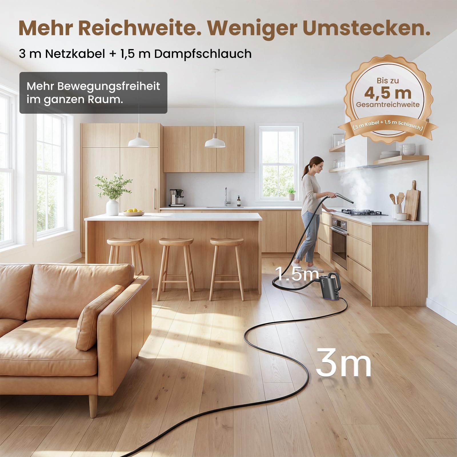 Dampfreiniger Handgerät 550ML Tank,15s Schnellaufheizung Tragbarer Dampfreiniger mit 16 Zubehör,1500W Chemiefrei Handdampfreiniger für Küche, Bad, Fugen, Fenster, Auto & Polster