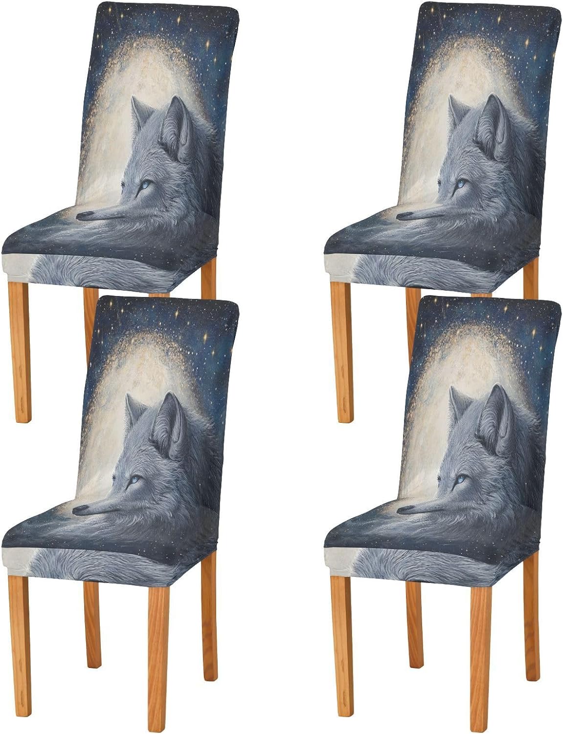 ALAZA Chair Covers for Dining Room, White Wolf Moon Stretch Chair Cover Sets Chair Protector Removable Washable for Ktichen Restaurant Hotel