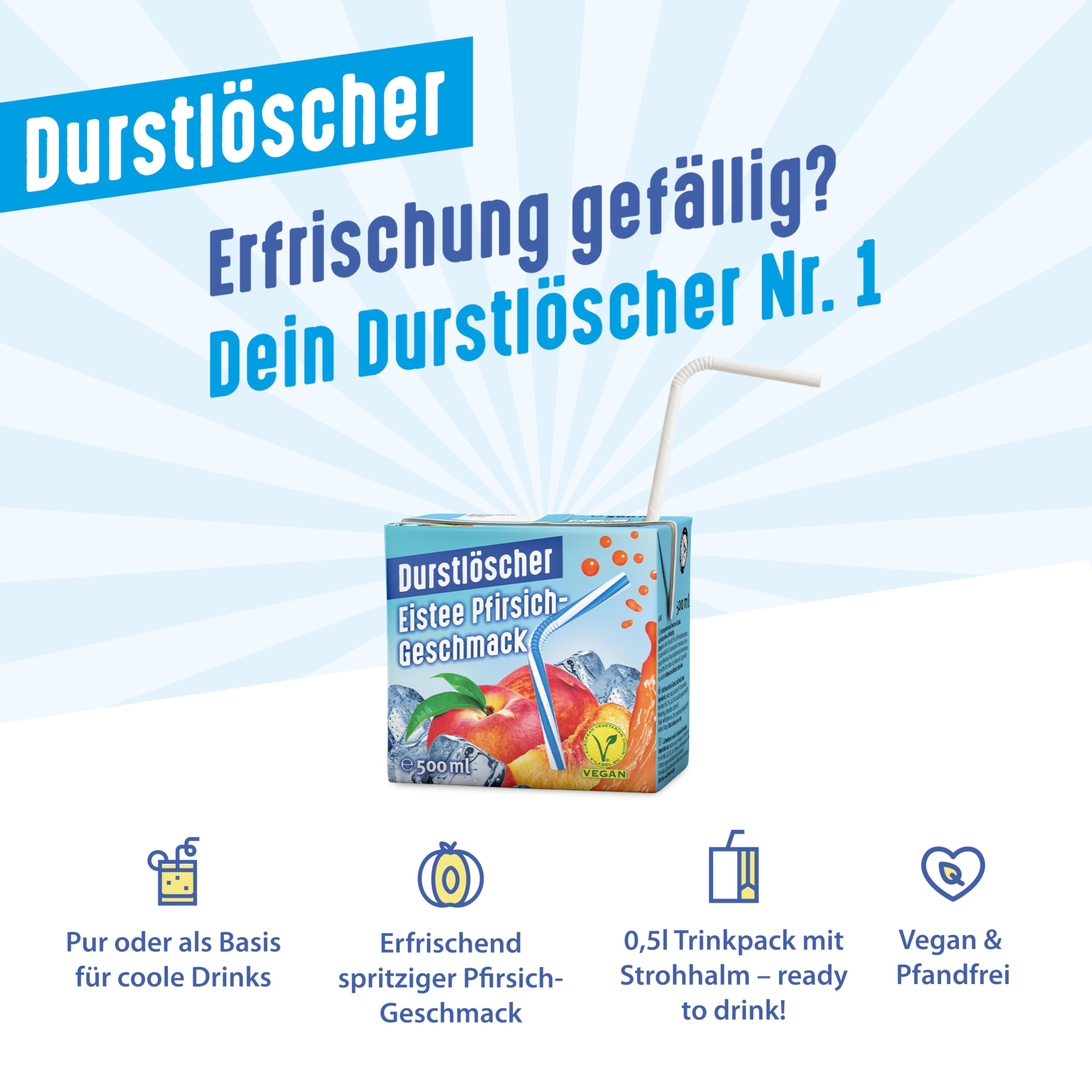 Durstlöscher Eistee Pfirsich: Erfrischungsgetränk mit Tee-Extrakt & Pfirsichgeschmack, Pfandfreies Trinkpäckchen, Vegan, Ohne Kohlensäure, Fruchtig, Ideal Für Unterwegs & Zuhause, 48 x 500 ml
