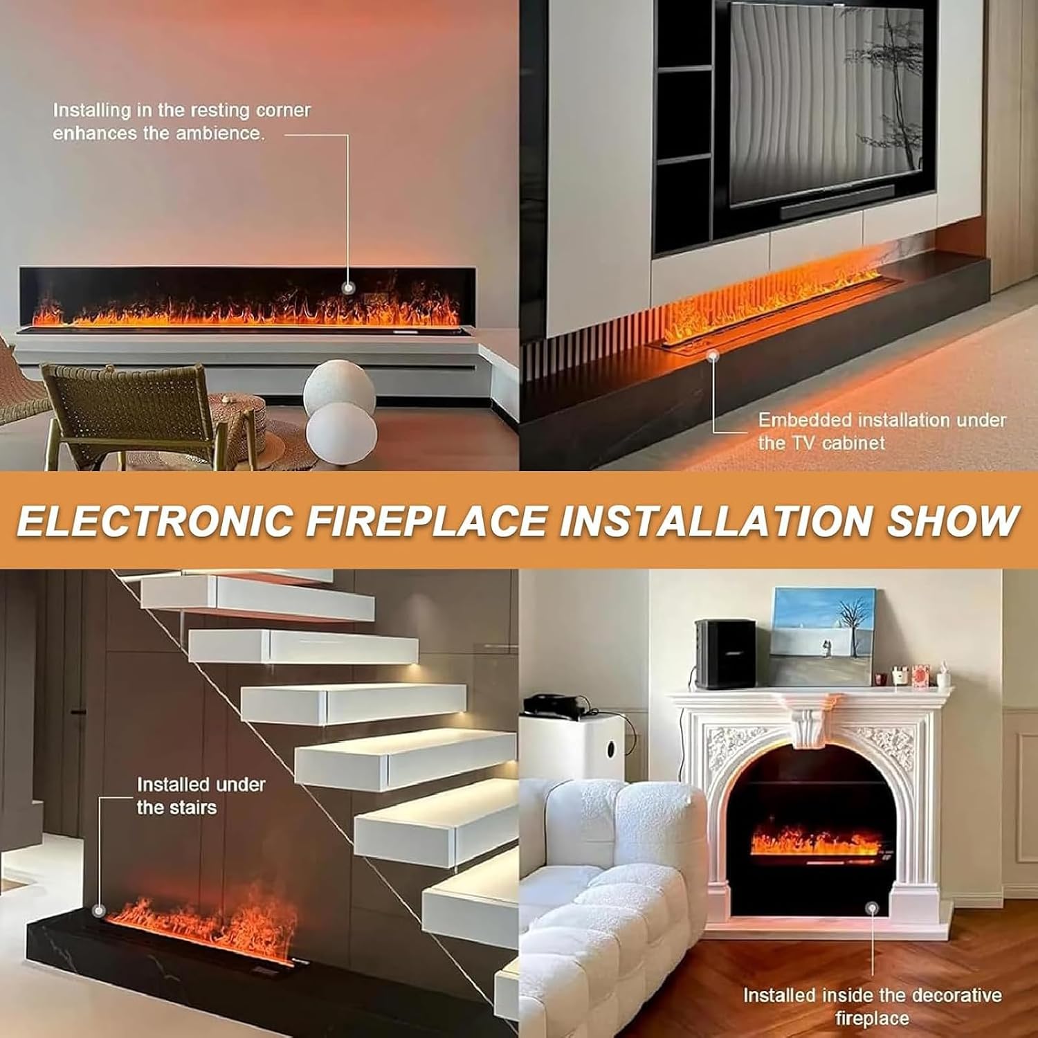 3D Water Vapor Atomizing Electric Fireplace - Multiple Flame Colors, 5-Speed Adjustment, One-Button Water Filling & Drainage, Low Noise 100cm Mobile app Control