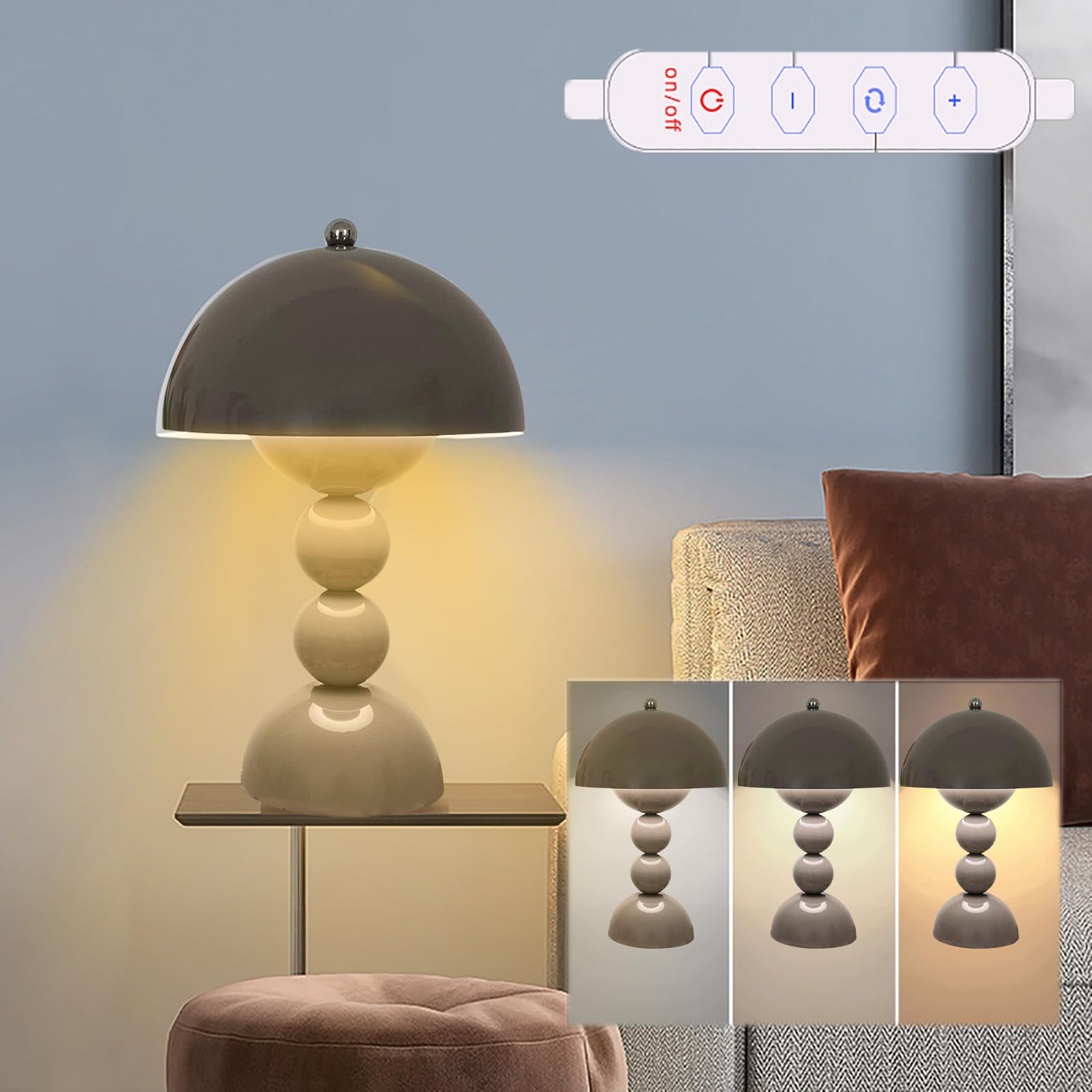 SXDMOUBK Mushroom Lamp for Room 3 Color Flowers Table Lamp Cordless Small Bedside Night light with Dimmable Stepless, Portable Mushroom Bedside Lamp for Bedroom,Living Room, Grey