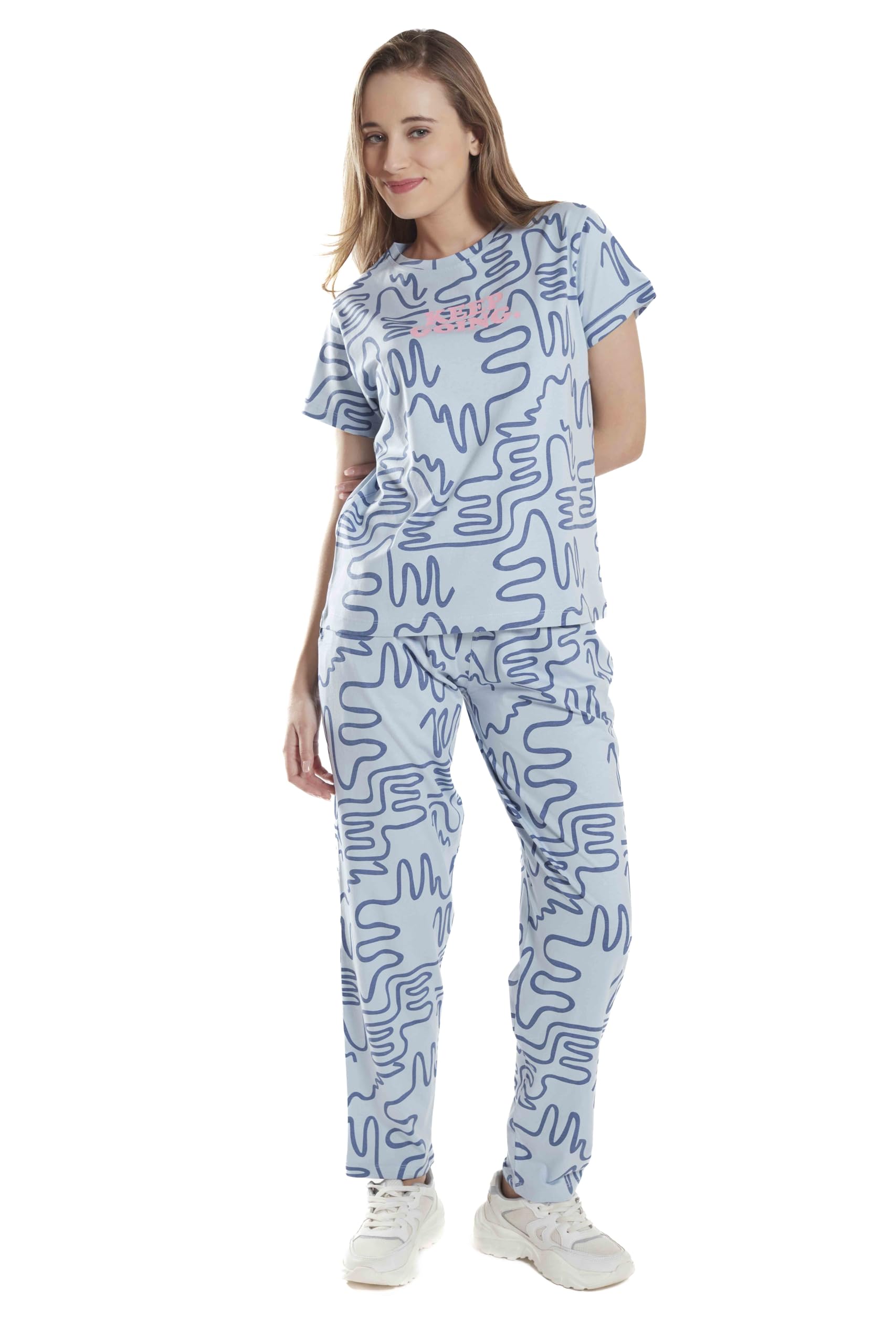 night view Women's Printed Loungewear Set, 100% Cotton, Squiggle Pattern, Top and Pants-picture-51