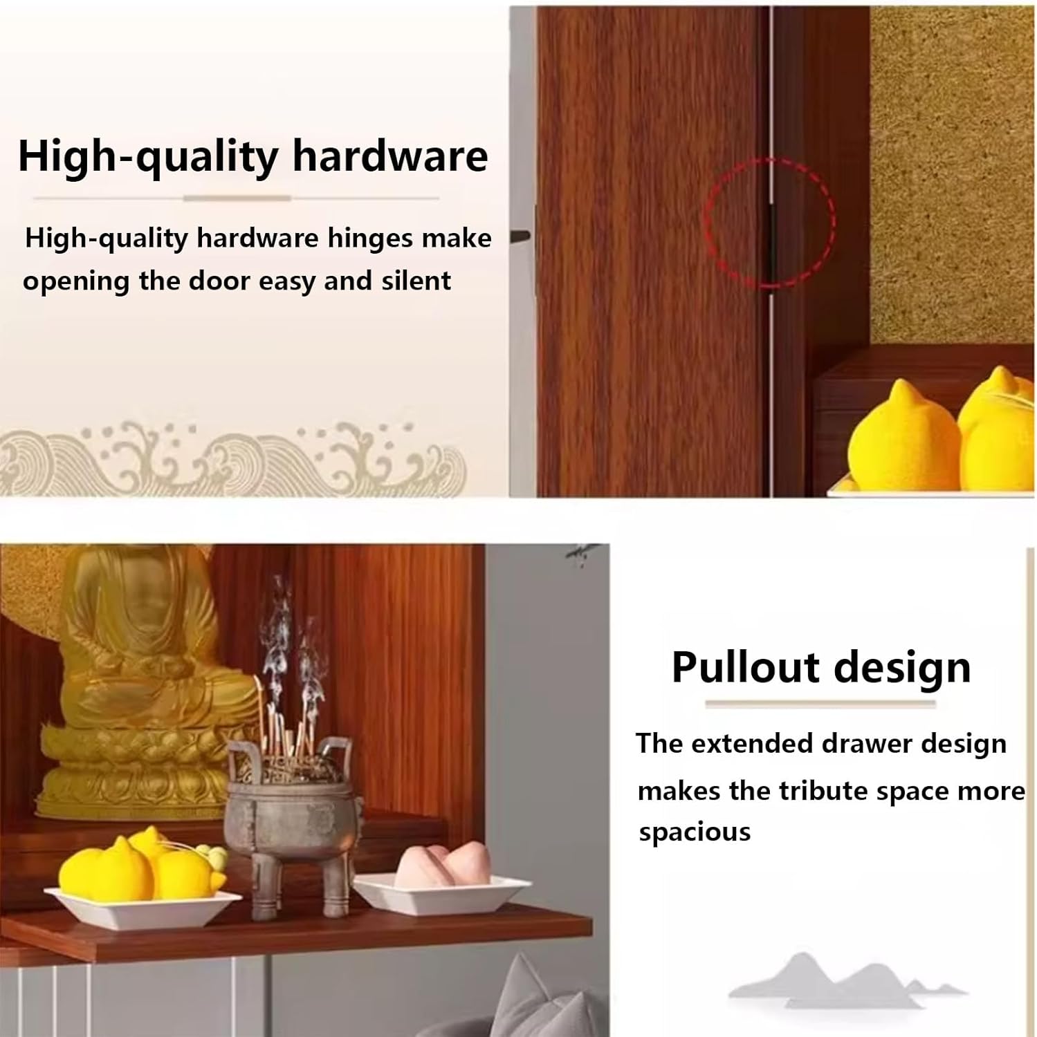 Buddha Statue Wall-Mounted Shrine, Wooden Cabinet for Meditation, Offering Table, Teak Finish, Home Decor, 34x25x40cm