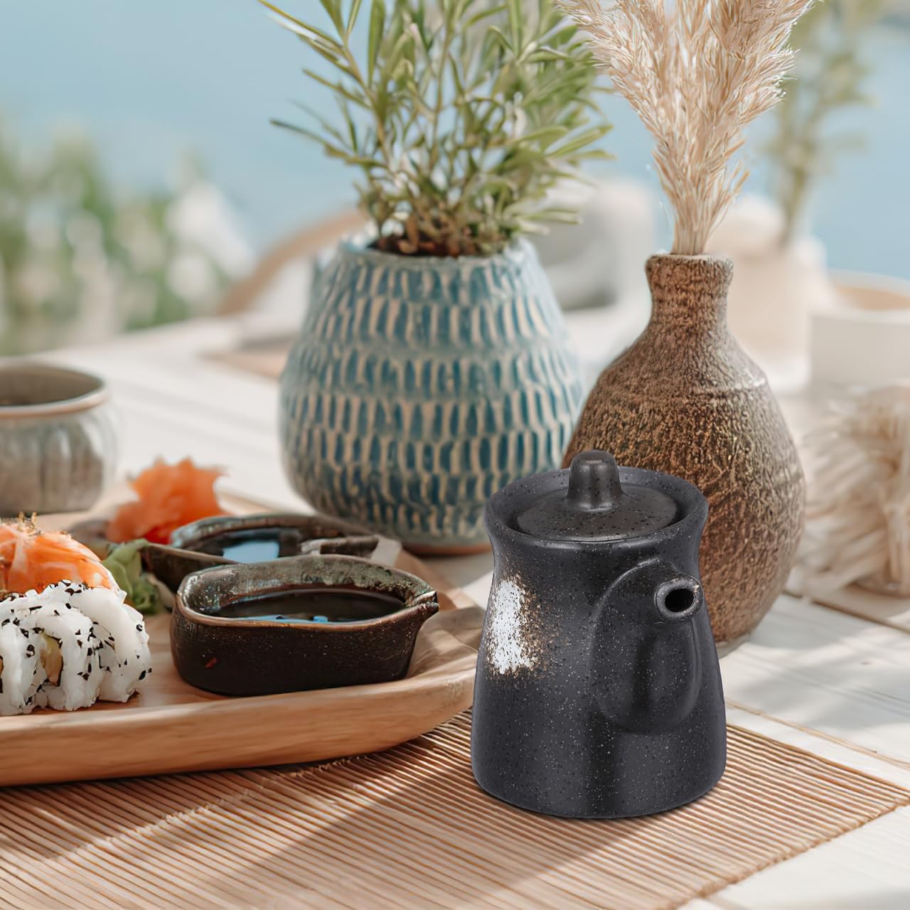 IMIKEYA Ceramic Soy Sauce Dispenser Set Japanese Style Oil Holder Vinegar Bottle for Sushi Condiment Storage for Kitchen Table Reusable Cruet 2 pcs