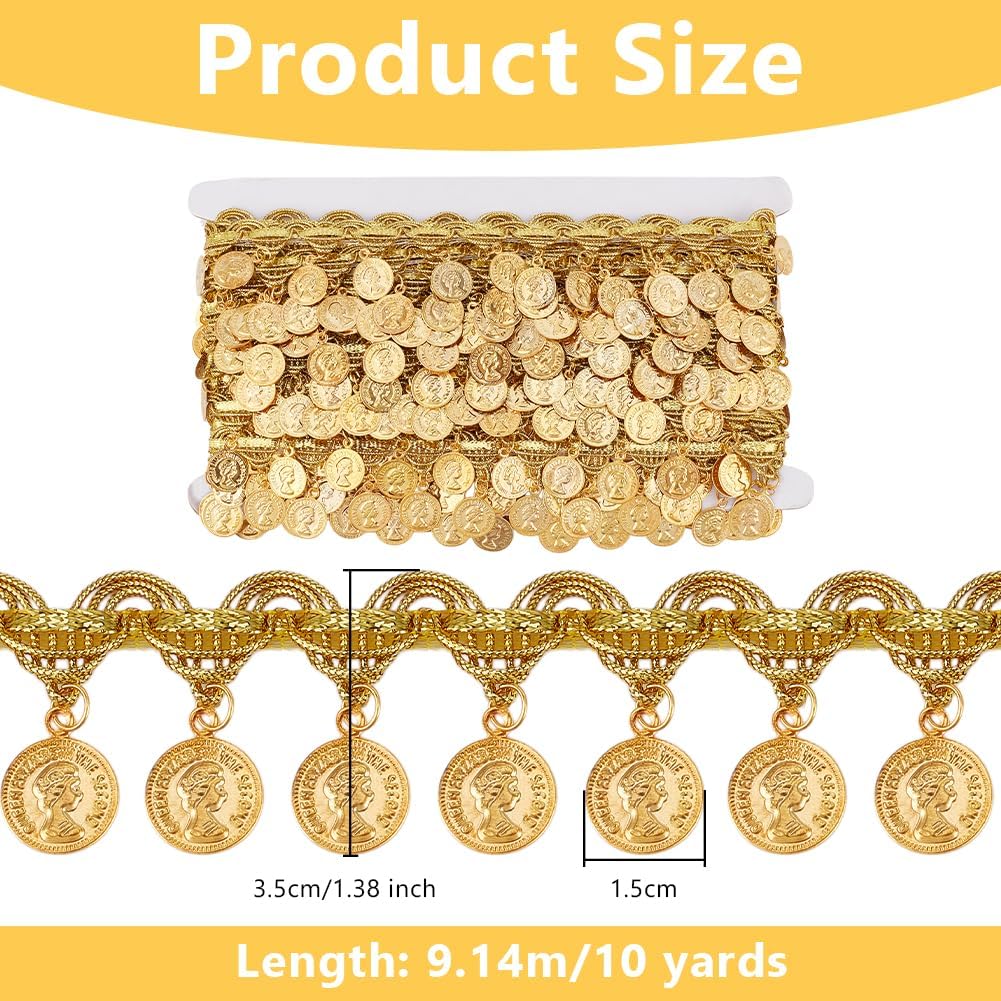 OLYCRAFT 10 Yards Gold Coin Shape Sequin Tassel Trim 1.4 Inch Width Sequins Tassels Lace Ribbon Fringe Sequins Lace Tassel Fringe Trim Dance Dress Belt Chain for Clothes Decoration Party Accessories