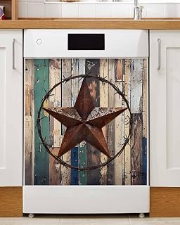 Western Texas Stars Dishwasher Magnet Cover, Decorative Magnet Sticker for Home Kitcen Appliance, Teal Brwon Vintage Wooden Plank Dishwasher Covers Refrigerator Magnets Panel Decal 23"x26"