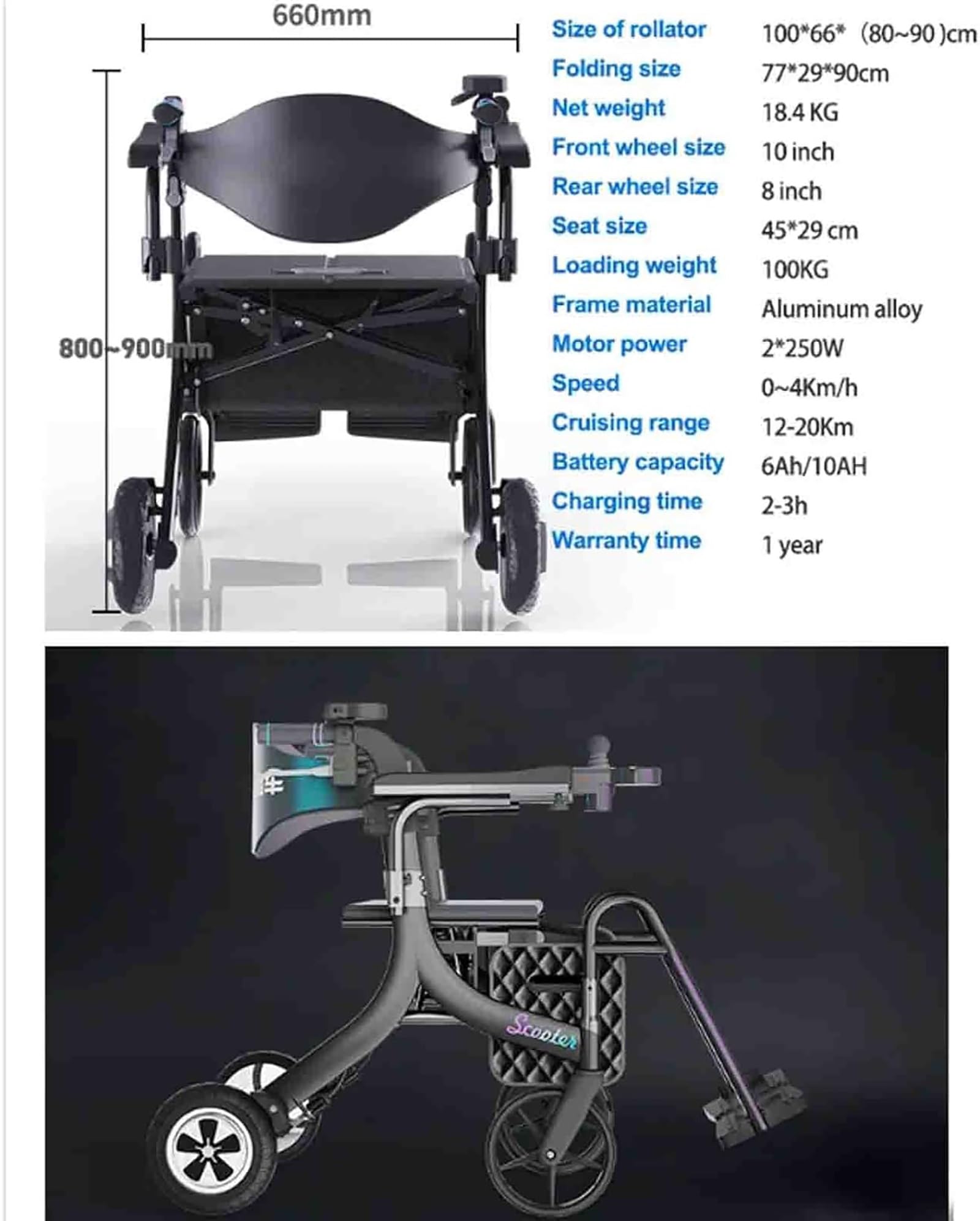 Andador para Ancianos 4 Ruedas Eléctrico, Andador Rollator con Asiento 3 en 1 Andador Multifuncional para Transporte de Personas Mayores, Silla de Ruedas Eléctrica Plegable Light Battery Trolley