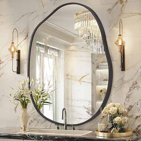 Espejo de pared irregular, espejos de pared decorativos de 45 x 65 cm, espejos de baño asimétricos negros, marco de aleación de aluminio para dormitorio, sala de estar, guardarropa, entrada