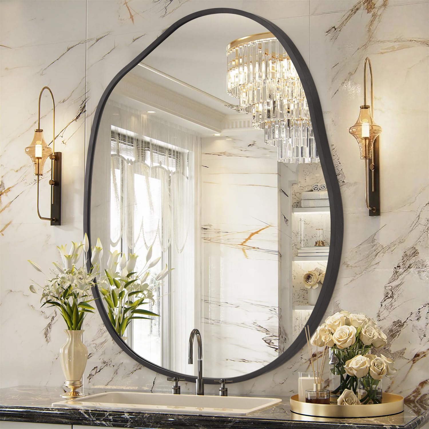 Hlfmvwe Black Irregular Metal Framed Bathroom Mirror For Wall, 65X95 Cm Asymmetrical Mirrors, Aluminum Alloy Frame Wall Decor For Bathroom, Bedroom, Living Room, Cloakroom, Entryway