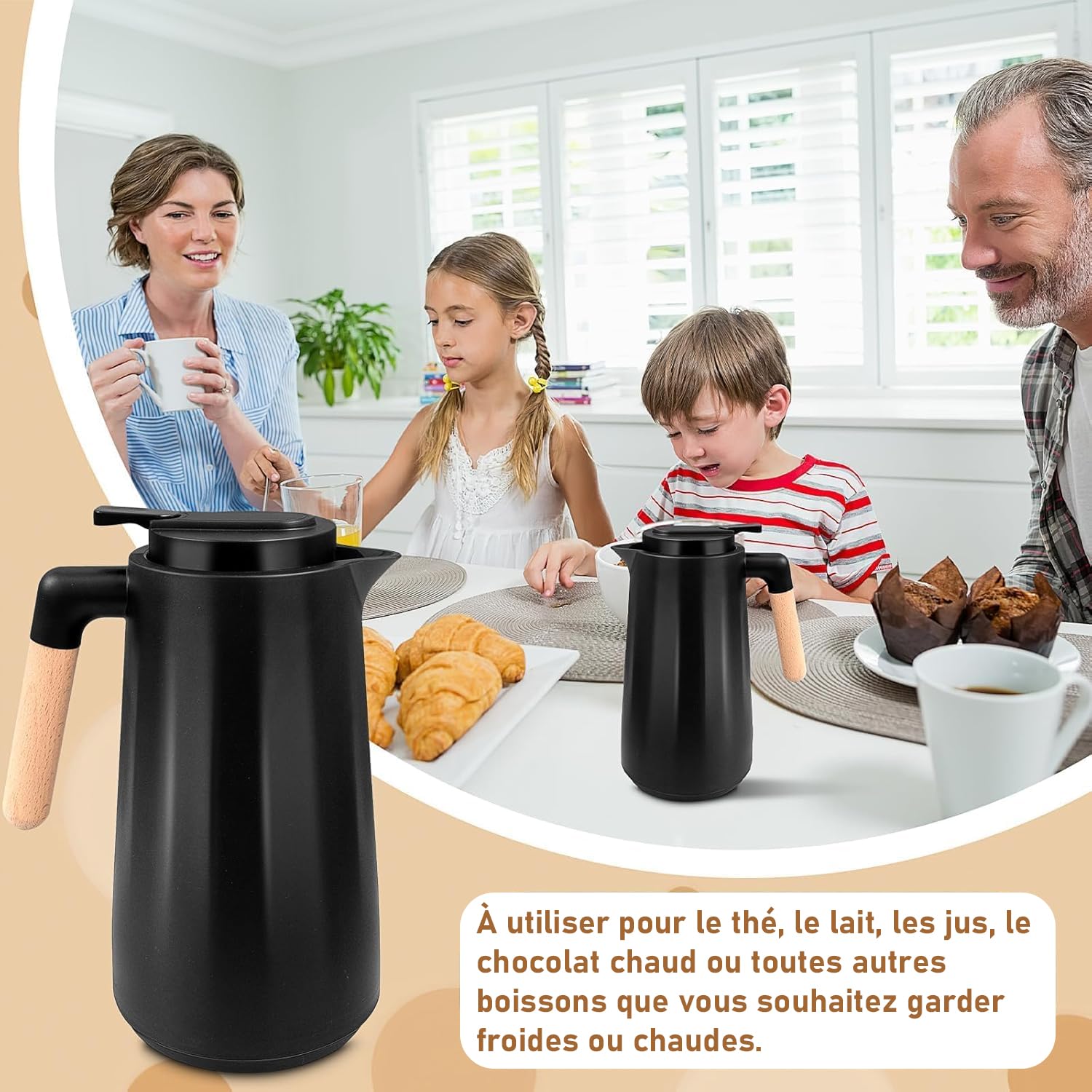 Lot de 2 Carafes Isothermes 1 L avec Doublure en Verre et Poignée en Bois - Pichet Thermique Double Paroi Sous Vide, Jug pour Café, Thé, Lait ou Chocolat Chaud, Noir