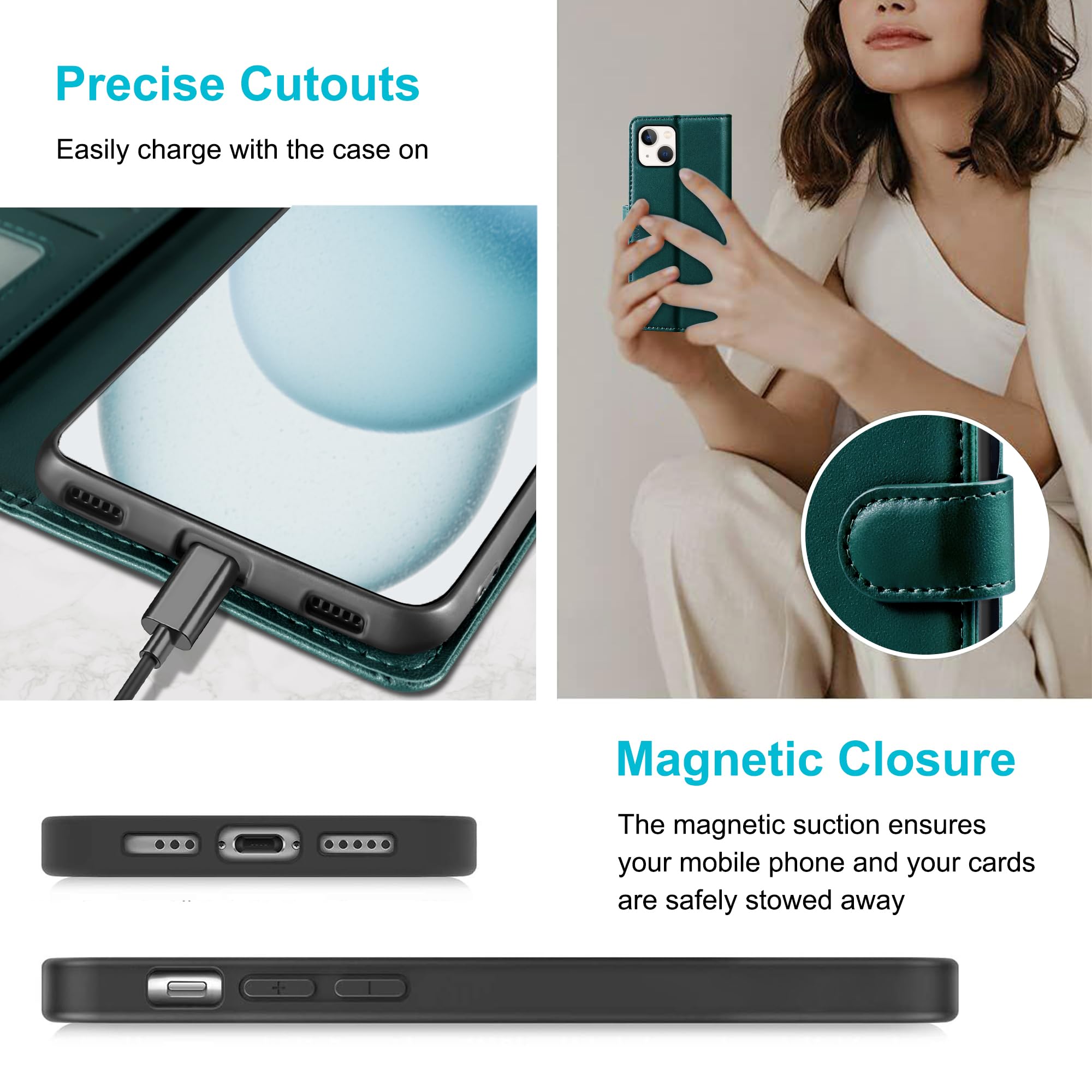 Custodia Portafoglio Per IPhone 14 Con 4 Slot Carte E Tasca - Antiurto Con Magnete E Cavalletto - Verde Ghiaccio - 3