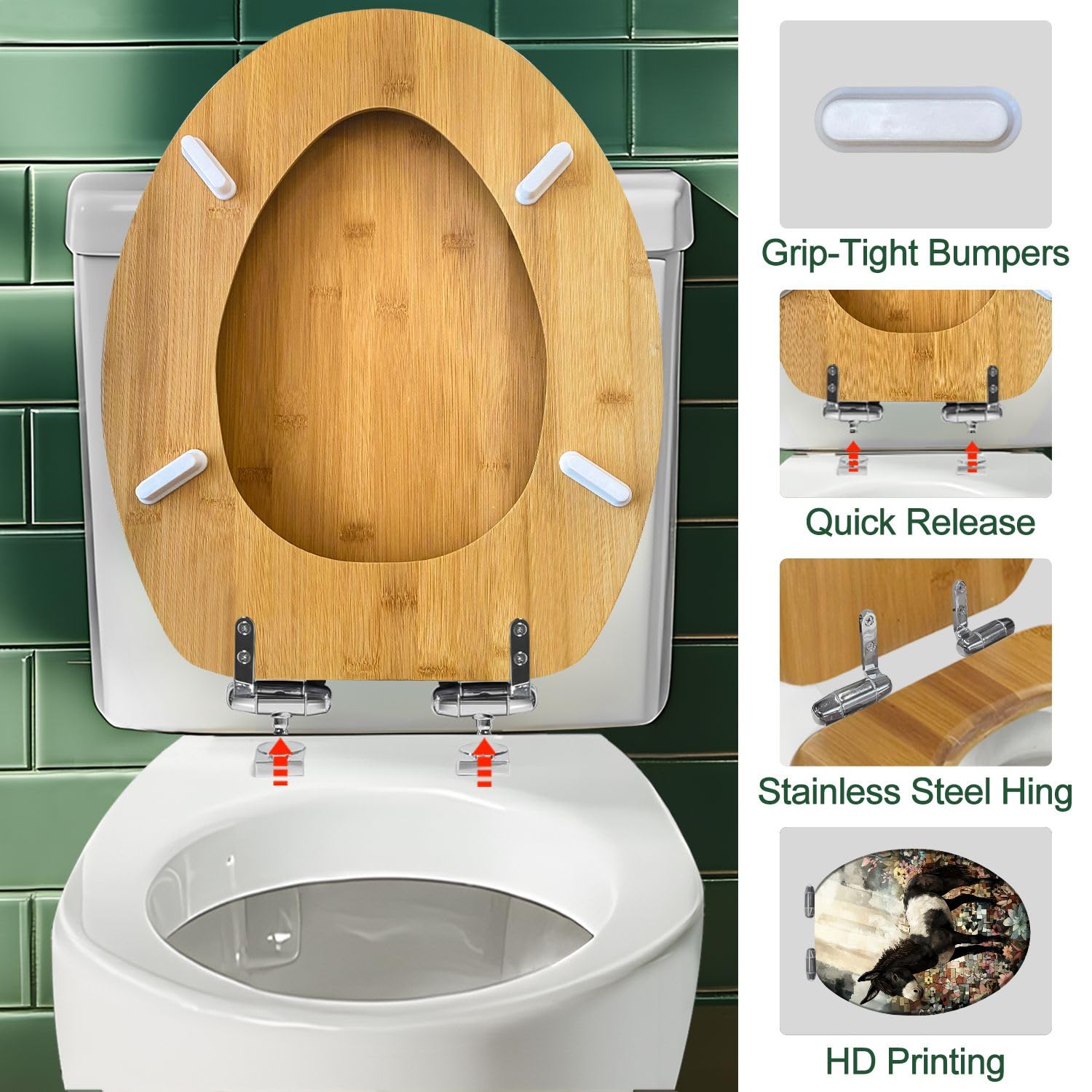 Sedile WC Allungato Decorativo In Legno con Copriwater, Fantasia Floreale Acquerellata con Asinello Bianco E Nero, Facile Da Installare, Chiusura Silenziosa, Cerniere A Sgancio Rapido per L'