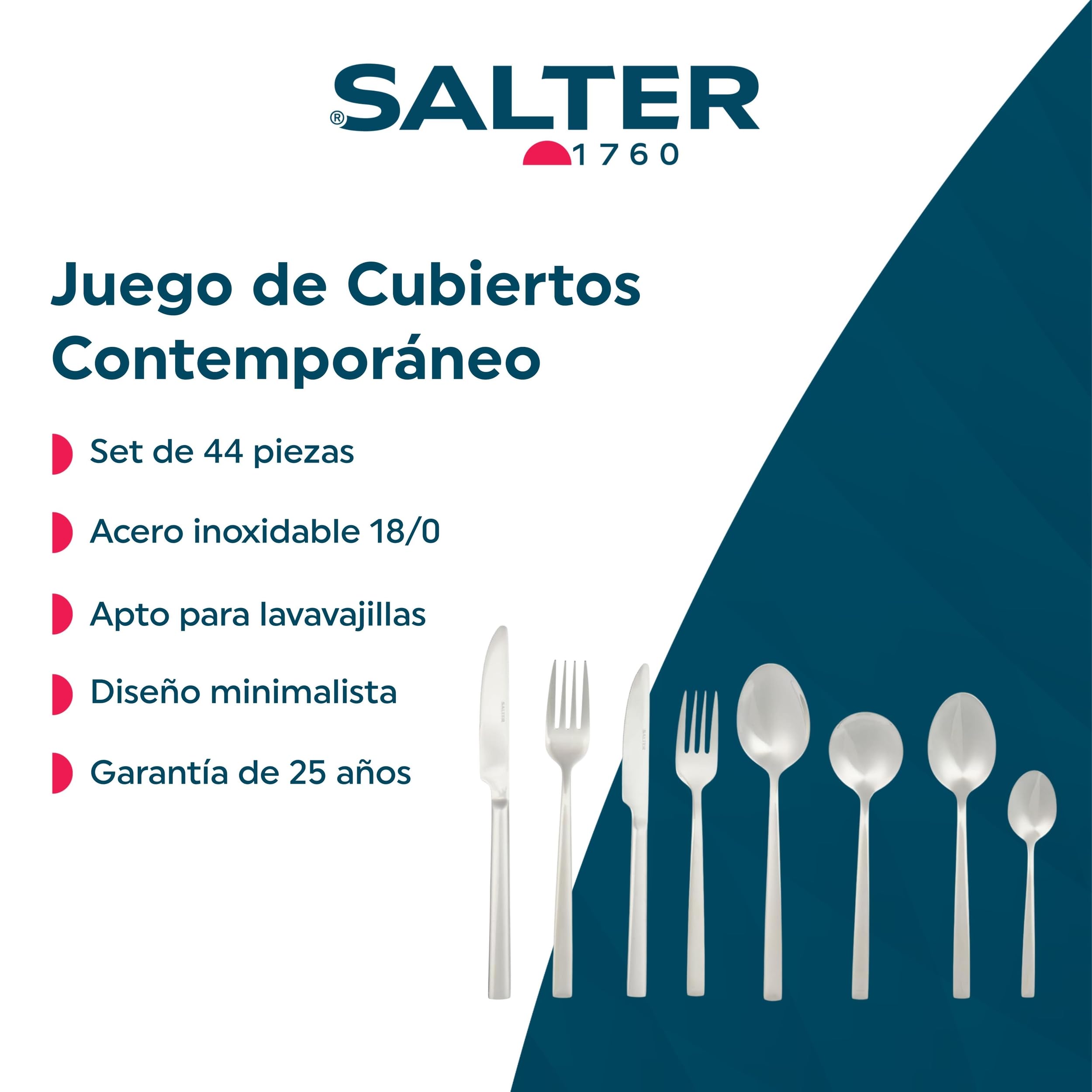 Salter Winslow Juego de cubiertos de 44 piezas - Platería de acero inoxidable, Servicio para 6 personas, cuchillos, tenedores, cucharaditas, cucharas de sopa, servir cucharas