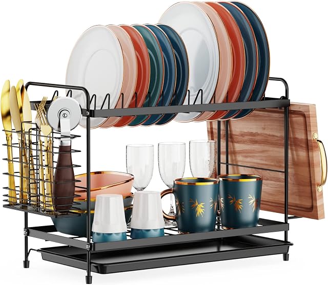 iSPECLE 2 Tier Dish Drainer, Dish Drying Rack with with Drip Tray, Sink Draining Board with Utensil Cutting & Board Holder for Kitchen Counter(Black Round)