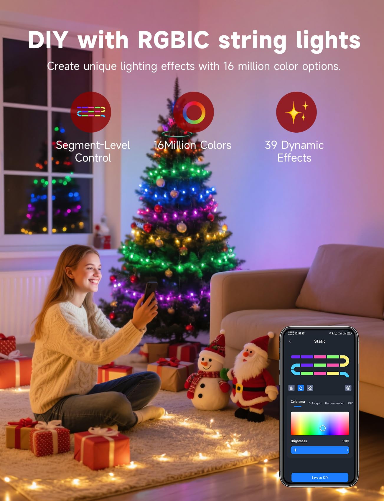 Aigostar RGBIC Smart Lichterkette mit Ring für Weihnachtsbaum, 1.5M 150 LEDs, APP & Fernbedienung, Musik-Sync, 39 Dynamische Effekte, 150+ Szenen, Wasserdicht Christbaumbeleuchtung, 2 Sets