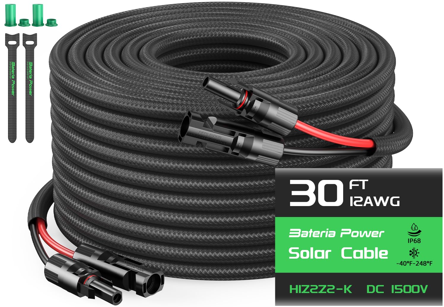 Cable de extensión de panel solar de doble cable de 30 pies, cable fotovoltaico de calibre 12 con conectores impermeables IP68 hembra y macho, funda protectora ignífuga y tapas antipolvo para el