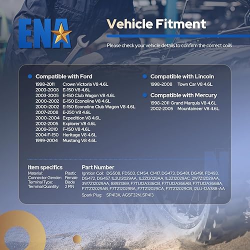 Miniatura 7 de ENA Paquete de 8 bobinas de encendido amarillas y bujías compatibles con Mercury Ford Mustang Crown Victoria F150 E150 E250 Expedition Explorer