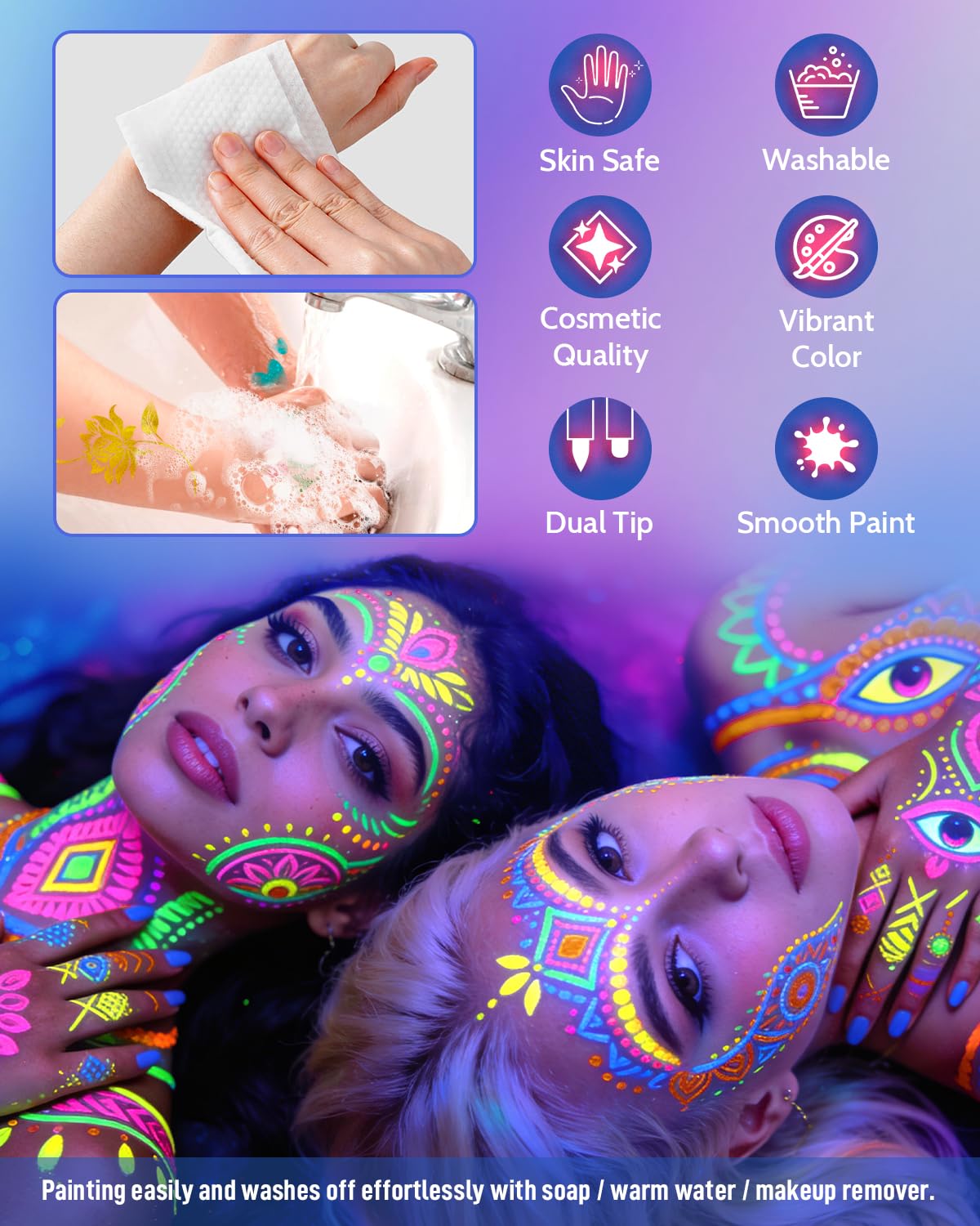 Temporary Tattoo Markers for Skin, 36 Pcs Dual-Tip Matte & Metallic & UV Glow Tattoo Pens, Skin-Safe Tattoo Kit with Tattoo Stencils & Stickers, Washable Body Markers for Kids Teens Adults