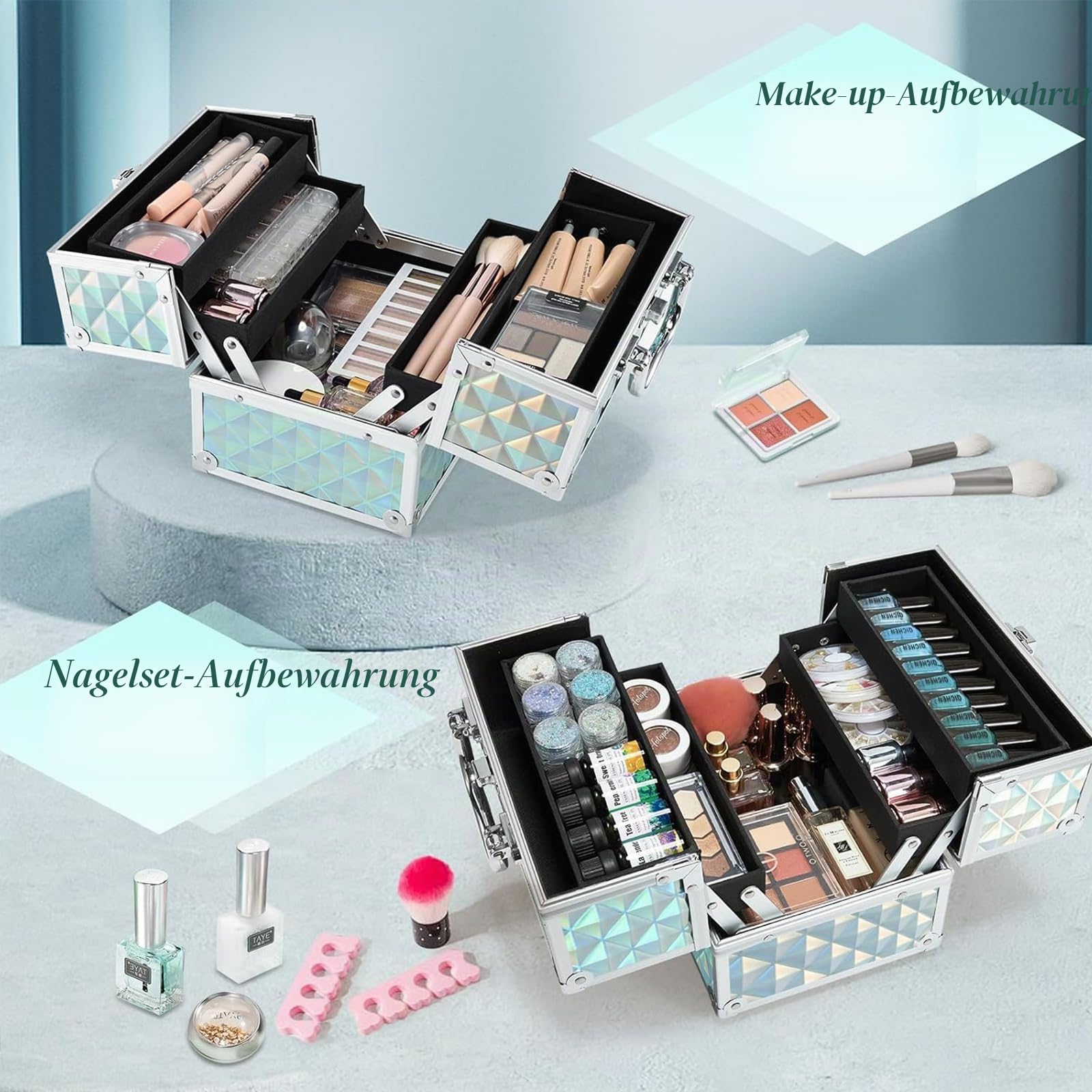 Frenessa Make-up-Koffer mit 4 Ablagen, abschließbar, Kosmetik-Organizer, Aufbewahrungsbox für Kinder, Glänzendes Blau, 22.5x16x17cm, Schminkkoffer für Kinder, Mädchen und Frauen