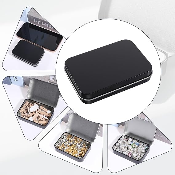 3 Packs Metal Rectangular Hinged Tin Box, Mini Empty Storage Box with Lids Tin Containers Portable Small Can for Storage Drawing Pin Candies Jewelry Crafts (3.4 x 2.4 x 0.7 Inches, Black)
