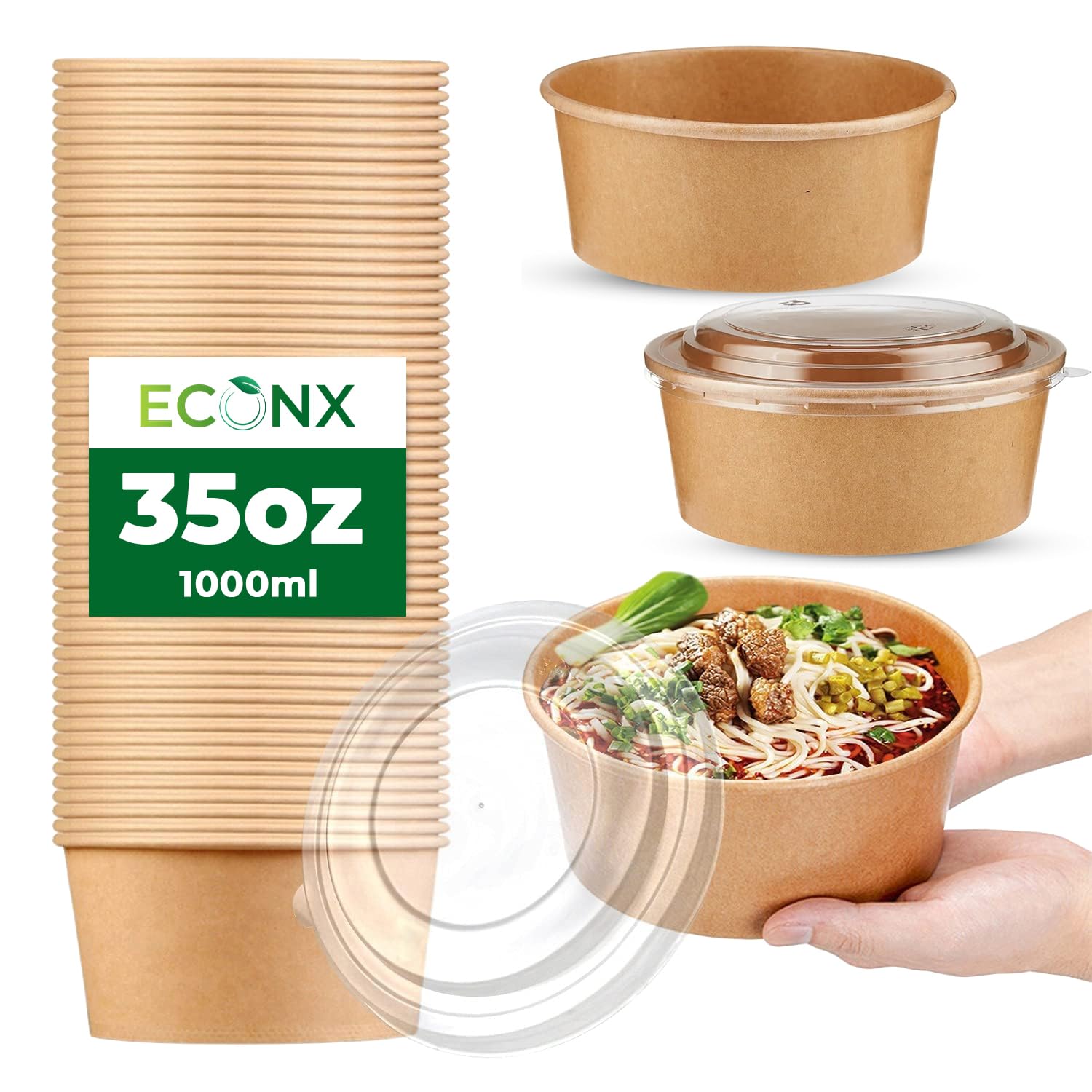 ECONX 35oz 1000ml Kraft Salad Paper Bowls with Lids 50 Pcs Disposable Takeaway Bowls Salad Food Container for Hot Cold Food Leakproof Soup Containers for Business, Restaurant