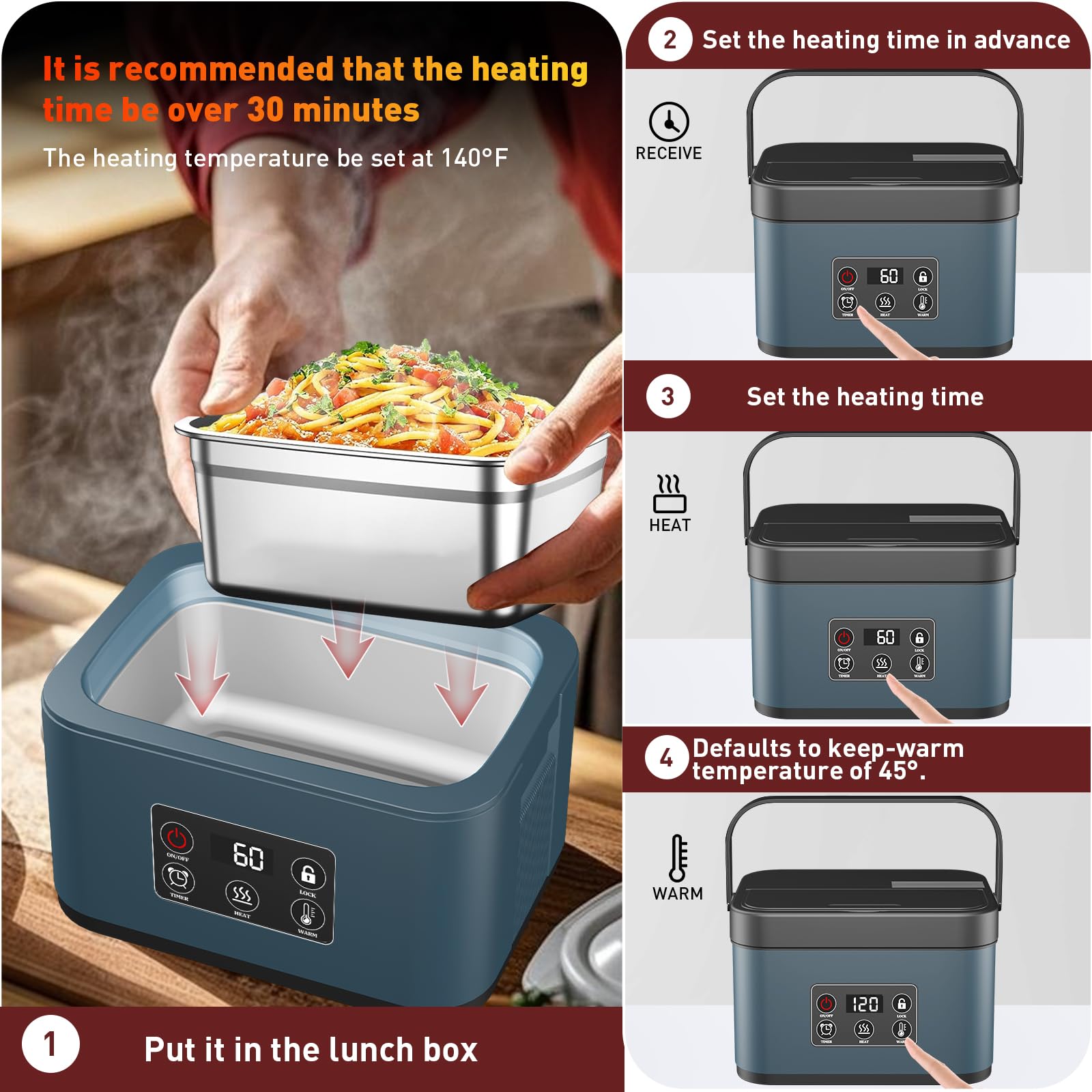 1,5 L Pranzo Box Riscaldante Elettrico, Ricaricabile Ciotola Riscaldante Riscaldatore Pasto Auto-Riscaldante Scatola Pasto Isotermica per Lavoro Viaggio Auto Ufficio