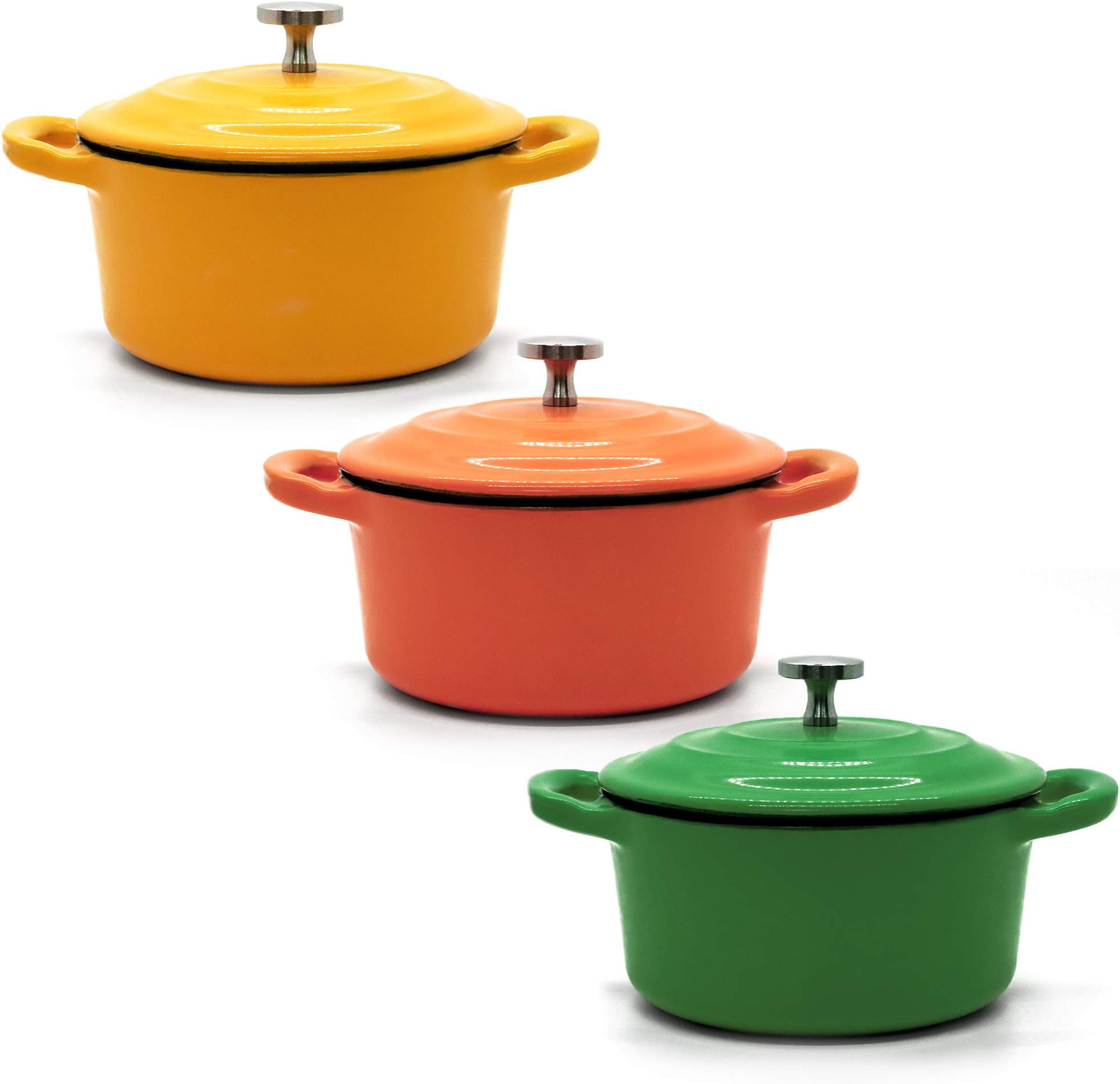 RJ Legend Mini Dutch Oven Pot Set of 3 - Enamel Surface, Non-Stick Cast Iron Cookware - Ideal Gift for Your Friends & Family - Orange, Green, Yellow