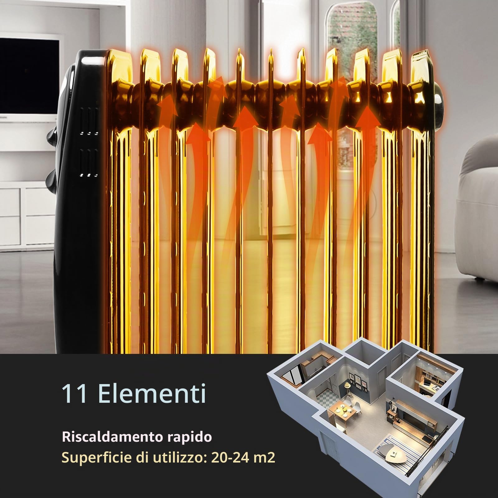 Aigostar Tummie 33JIE - Radiatore ad olio a 11 elementi, 2300W e controllo termostato con 3 regolazione termiche, Basso consumo, Nessun rumore, Design esclusivo